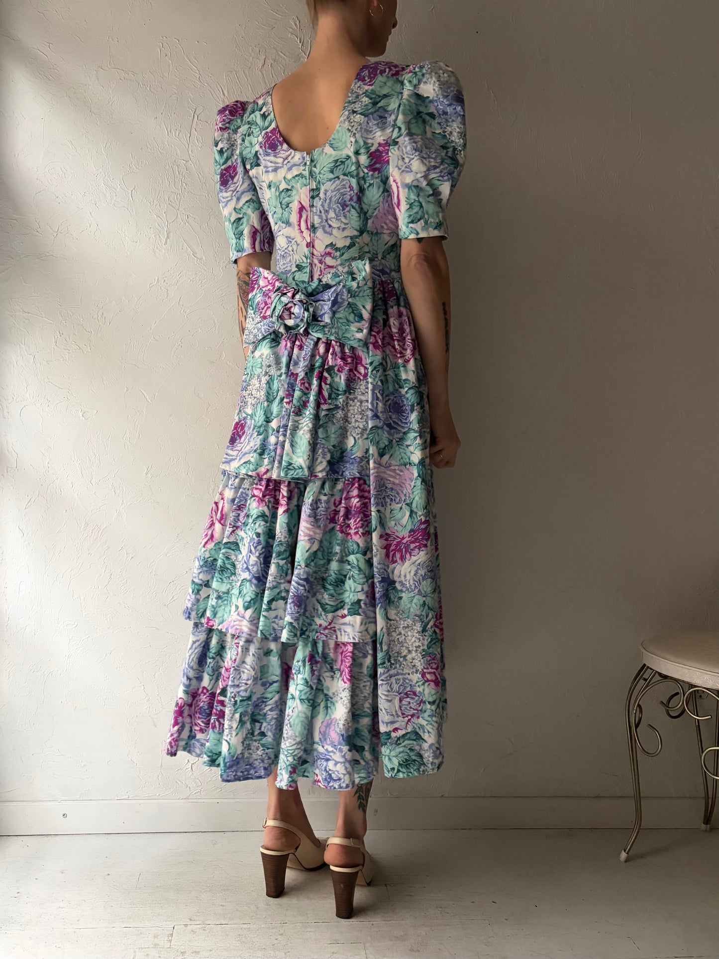80s Handmade Floral Midi Dress / Small