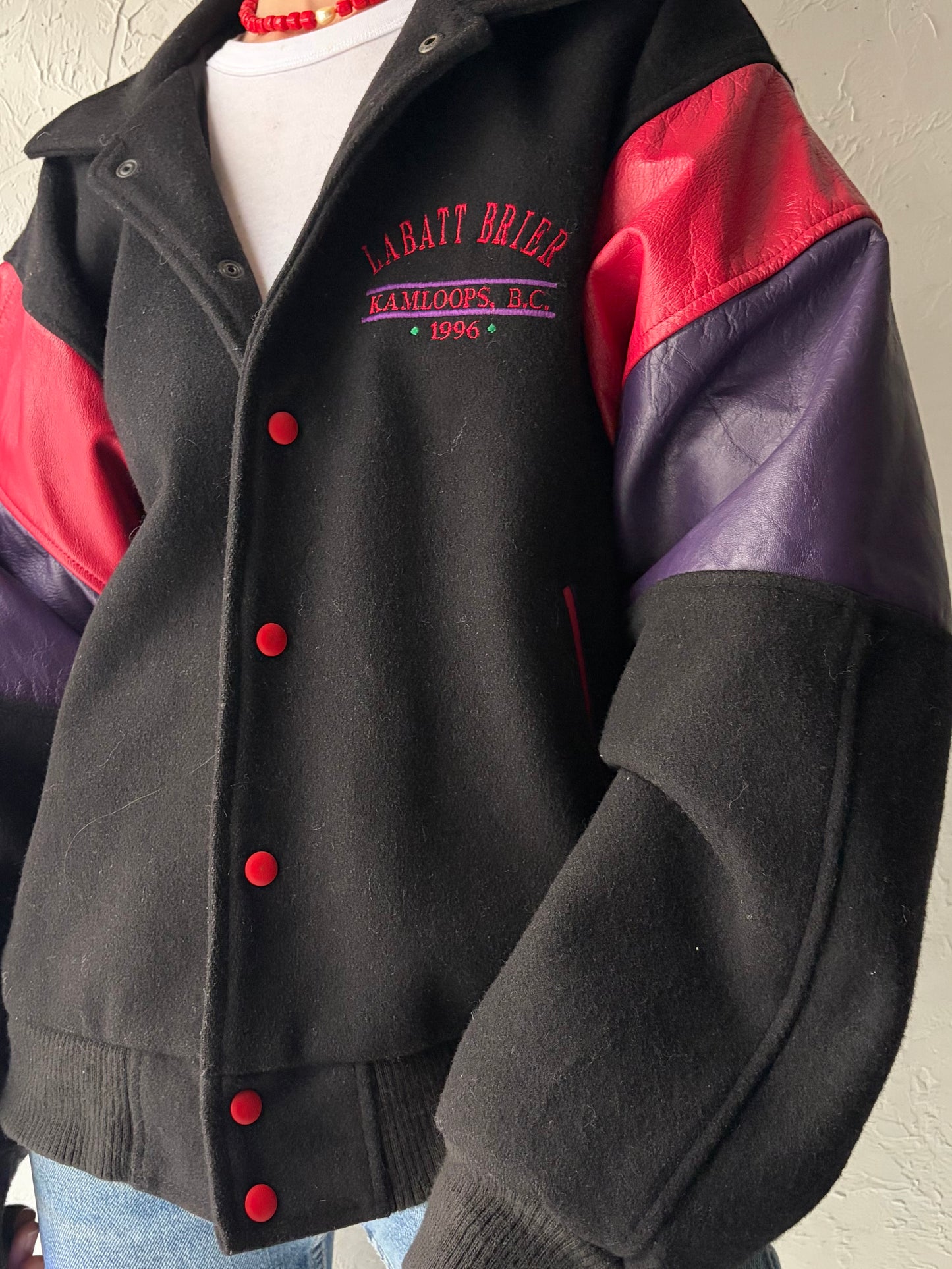 90s 'Labatt' Leather Wool Bomber Jacket / Medium