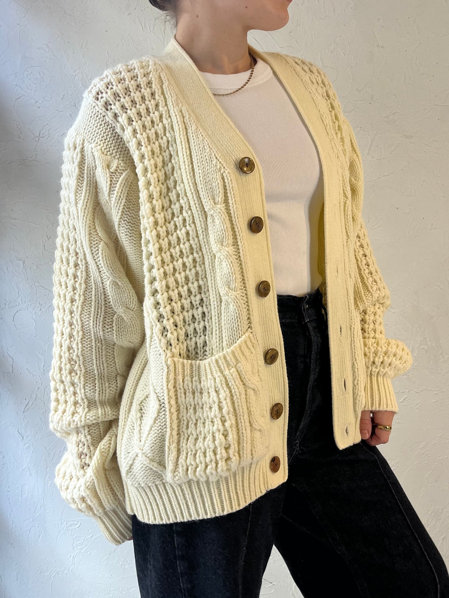 80s 'Sears' Acrylic Cream Cable Knit Cardigan / Medium