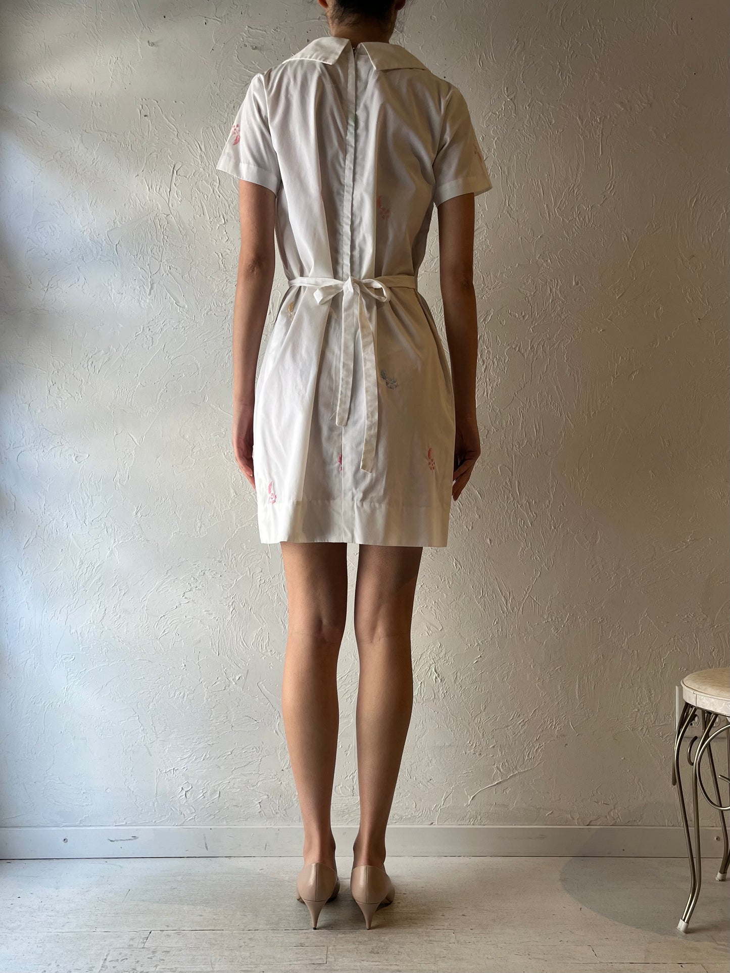 Vintage Handmade White Embroidered Boho Cottagecore Summer Mini Shirt Dress / Small - Medium