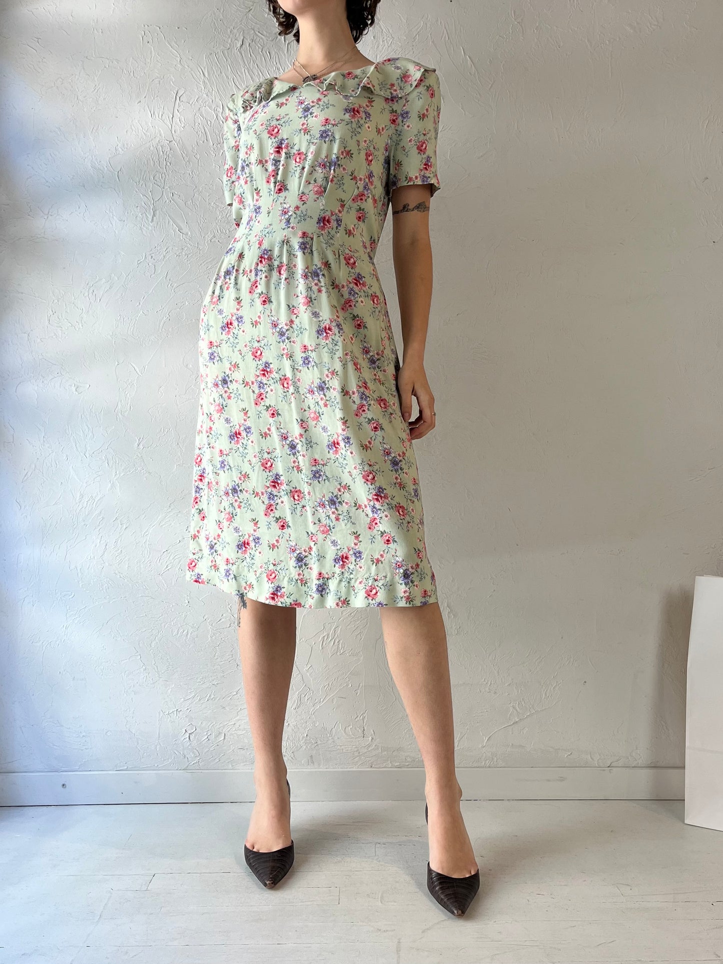 90s 'R&K' Green Floral Rayon Midi Dress / Large