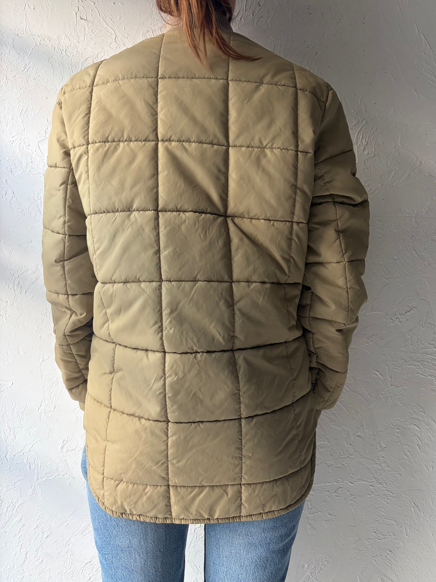 80s 'Esquire' Beige Quilted Minimalist Puffy Reversible Jacket / Vintage 1980s Neutral Lightweight Normcore Winter Outerwear / Small