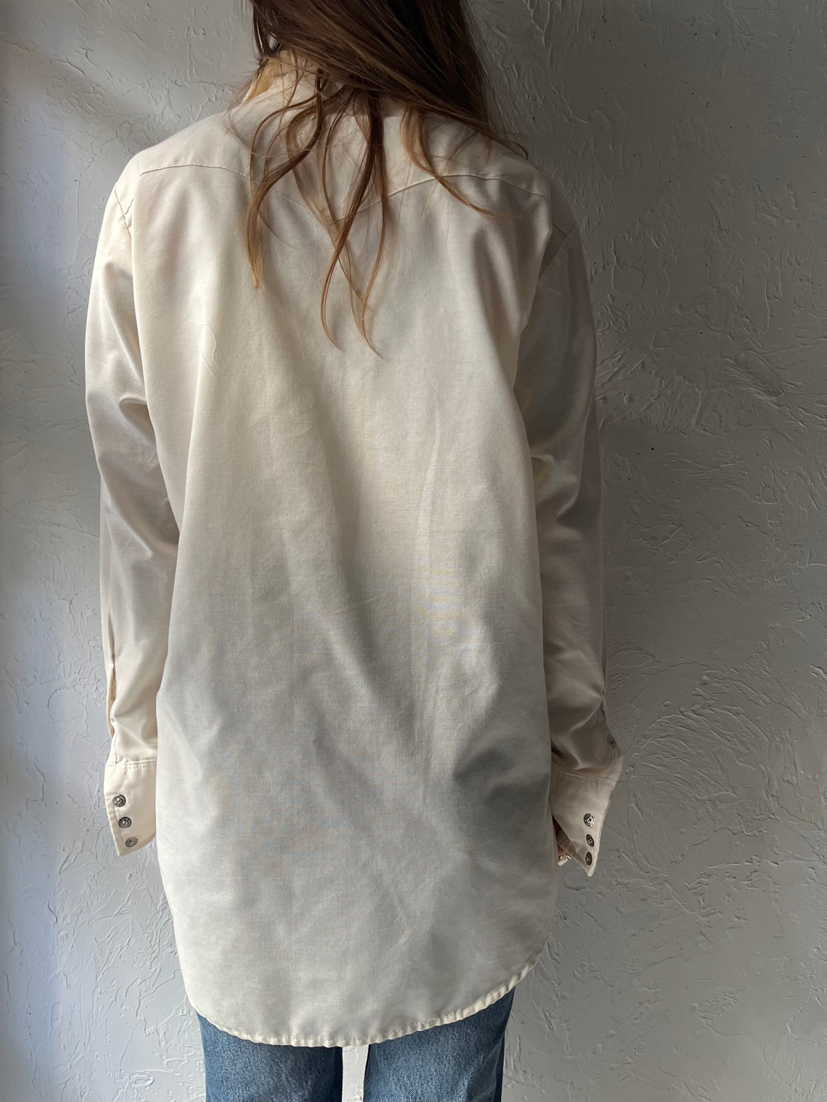 80s 'Wrangler' Cream Western Cowboy Workwear Snap Up Oxford Shirt / Medium