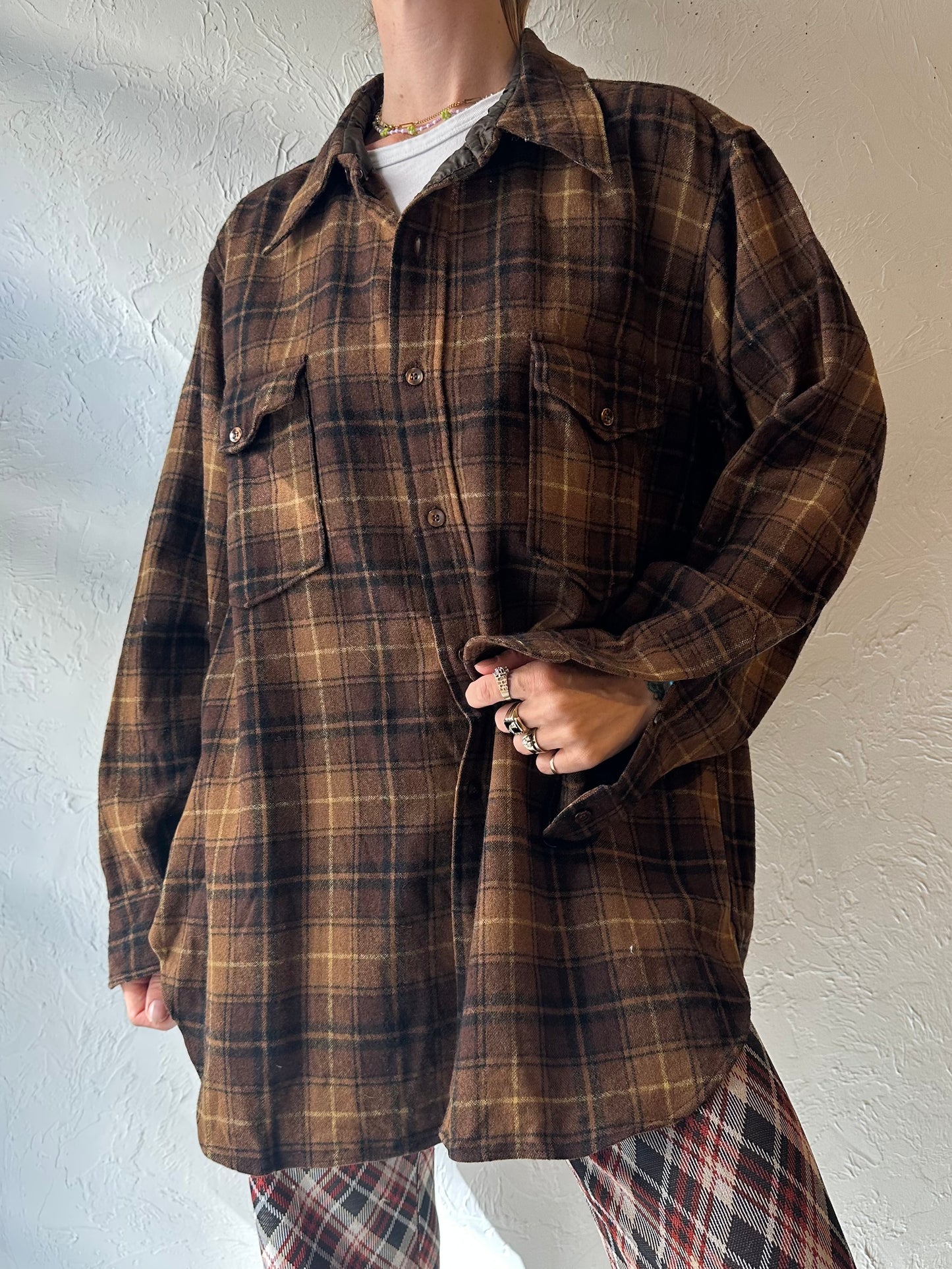 90s 'Pendleton' Brown Plaid Wool Shirt / Large