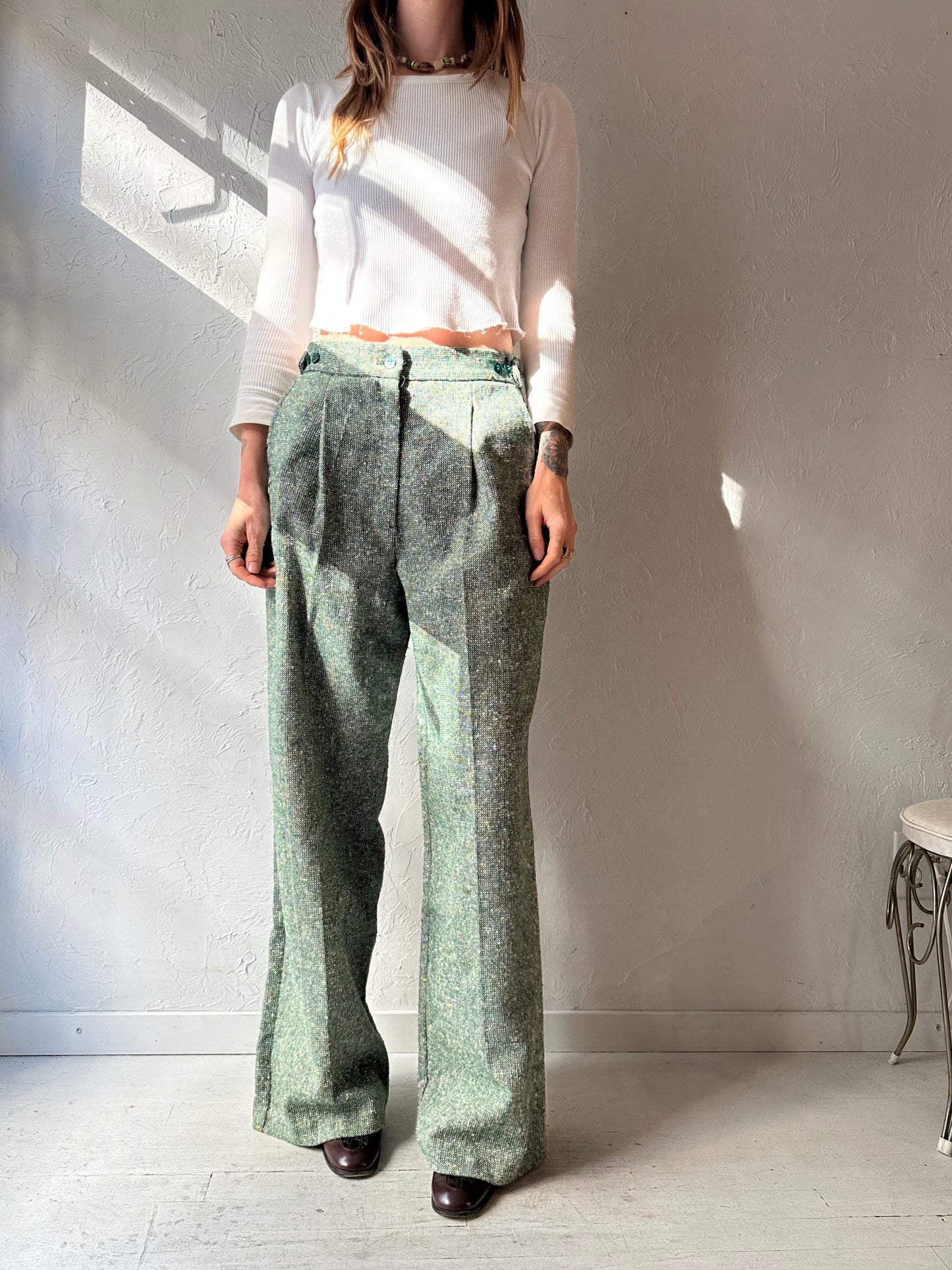 70s Green Tweed Knit Trousers / Small - Medium