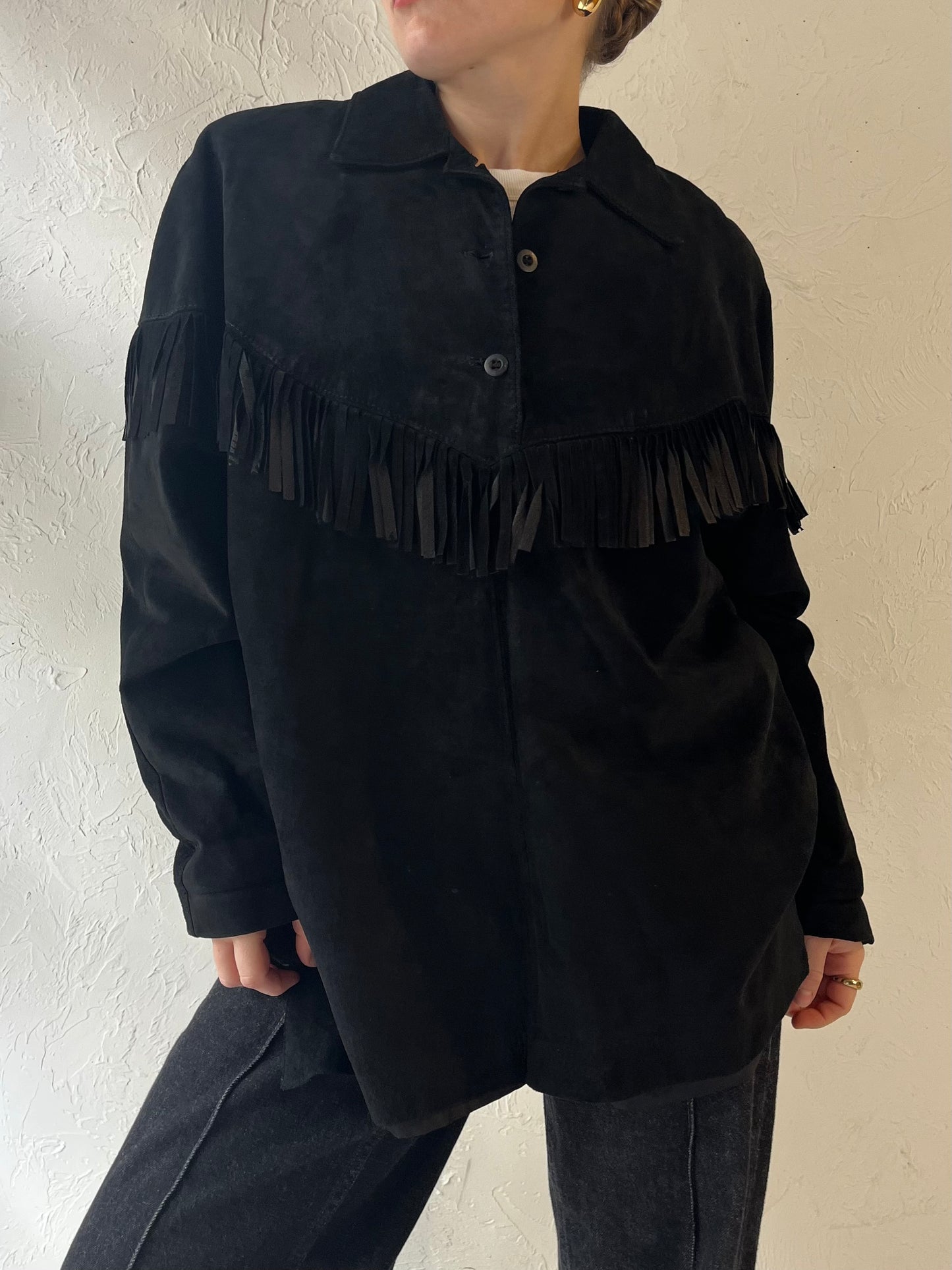 90s 'Danier' Black Suede Fringe Pullover Jacket / Large