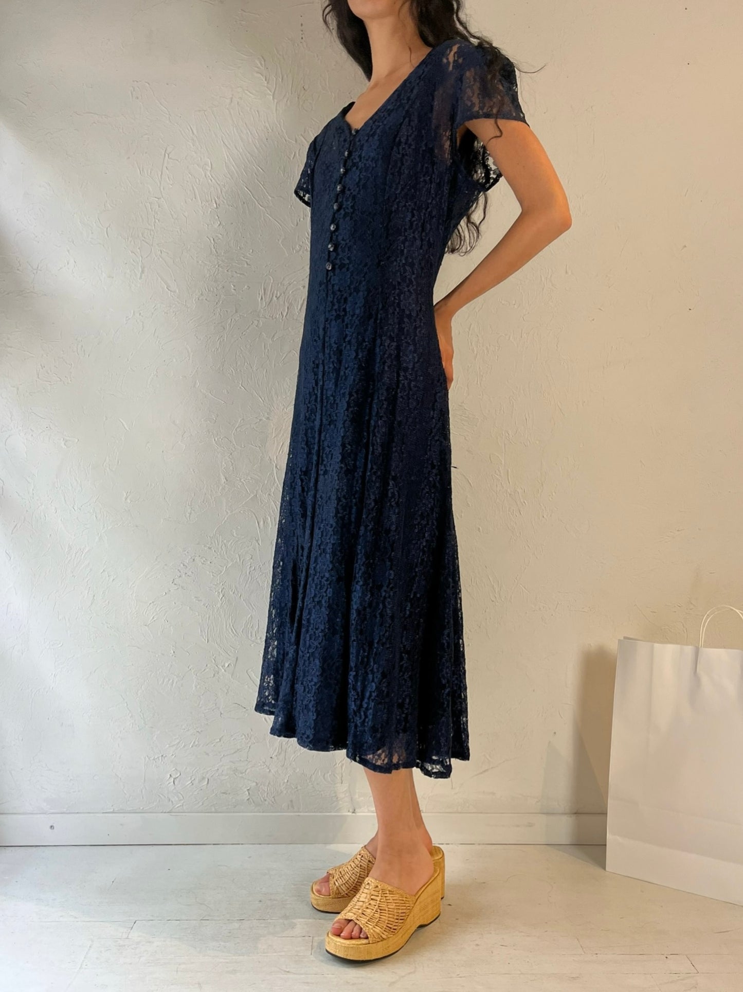 90s 'Joni Blair' Navy Blue Lace Dress / Medium