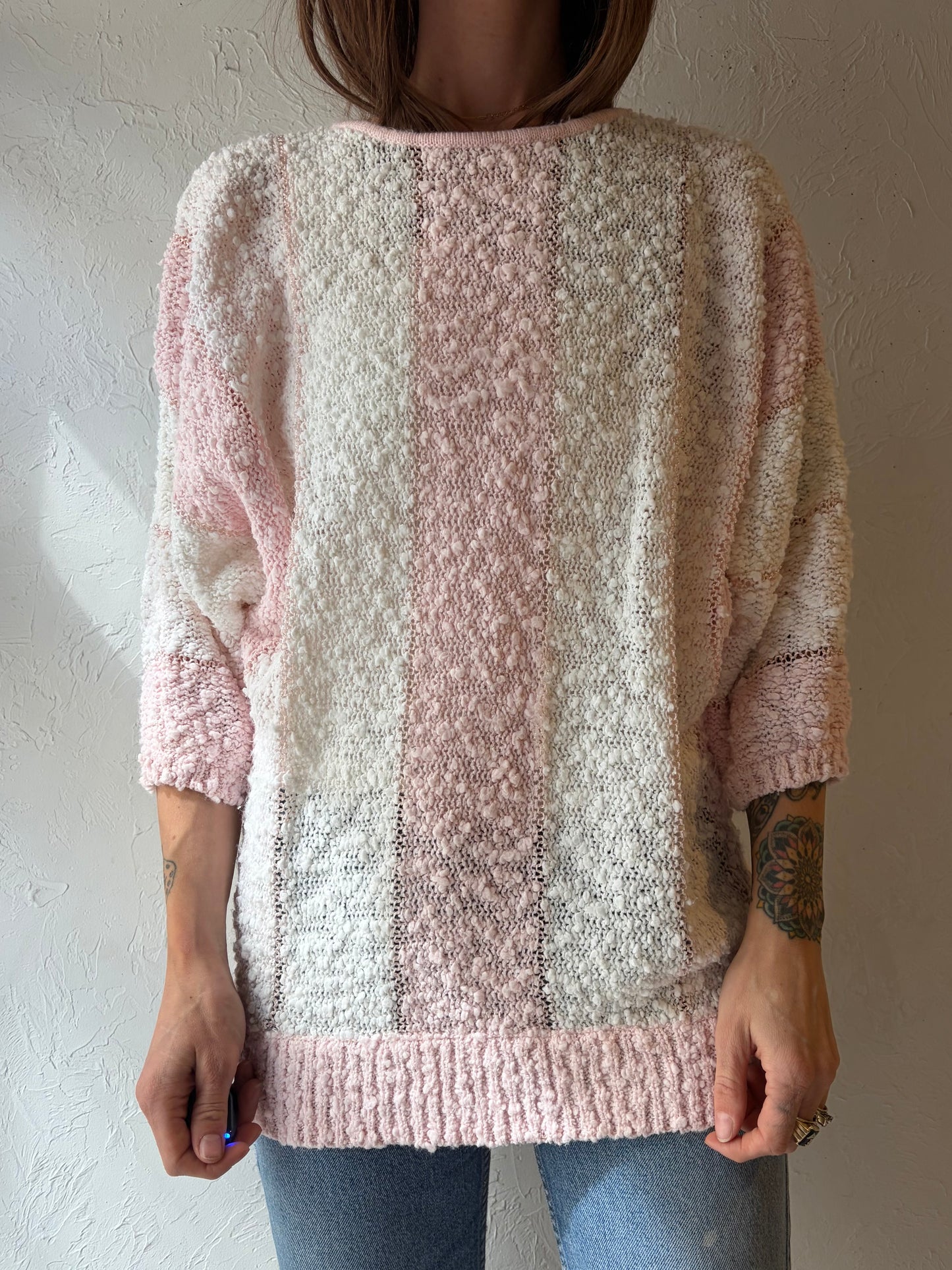 90s 'Eaton' Pink Striped Spring Sweater / Mediu