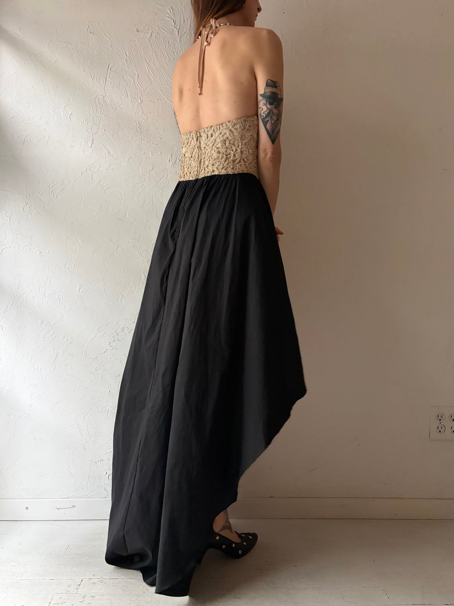 Y2k 'Be Smart' Gold & Black Formal Prom Halter Maxi Dress / Small
