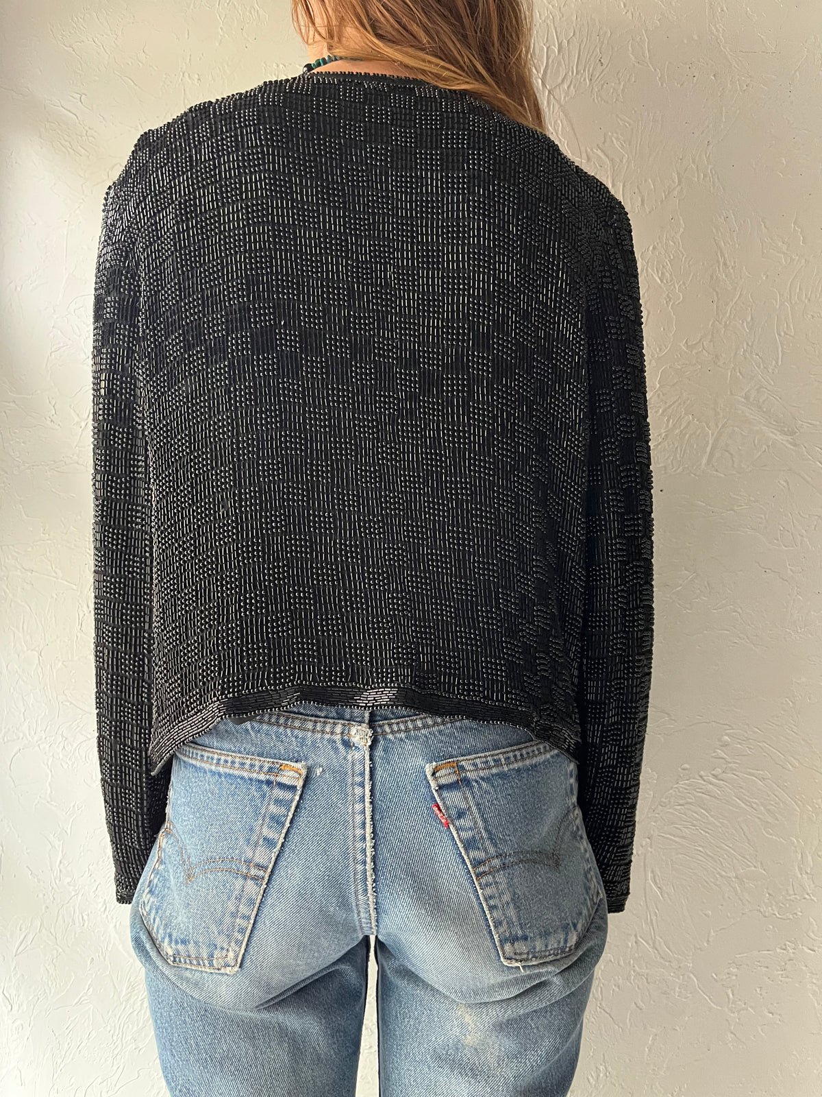 90s ‘Scala’ Black Beaded Sequin Evening Jacket Glam Formal Party Cardigan Statement Top / Small