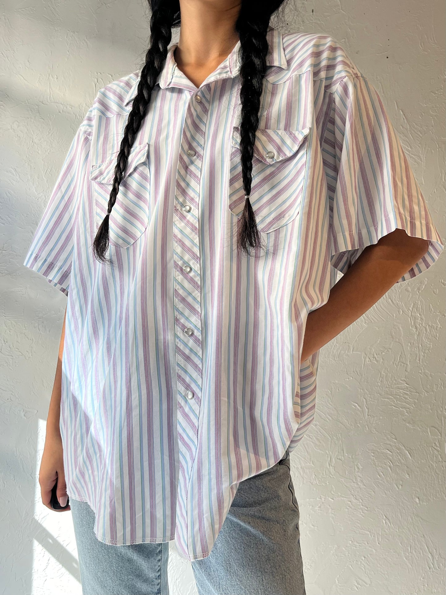 Vintage 'Wrangler' Striped Short Sleeve Pearl Snap Shirt / XL