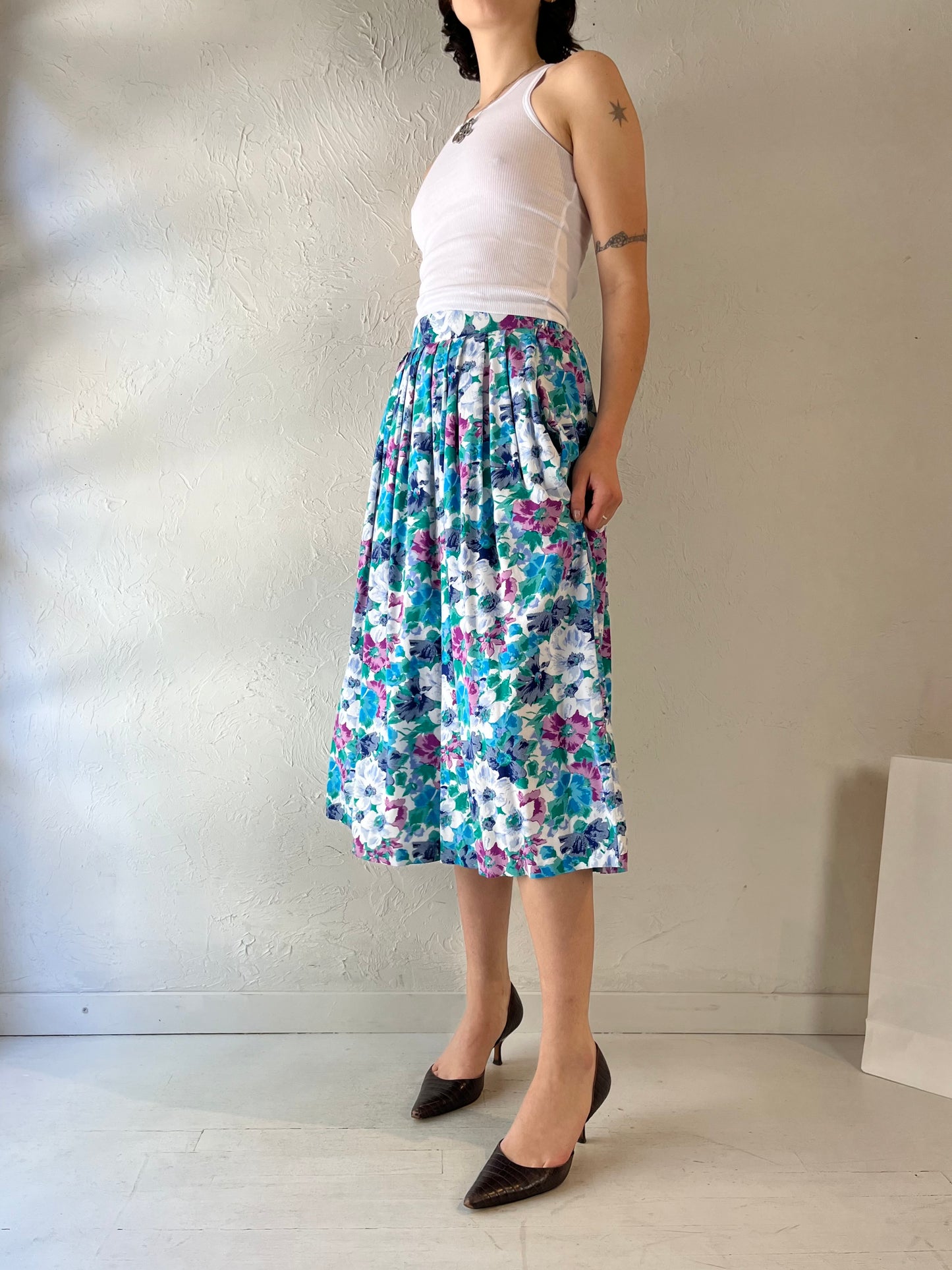 80s '180 Sauve' Patterned Rayon Midi Skirt / Small