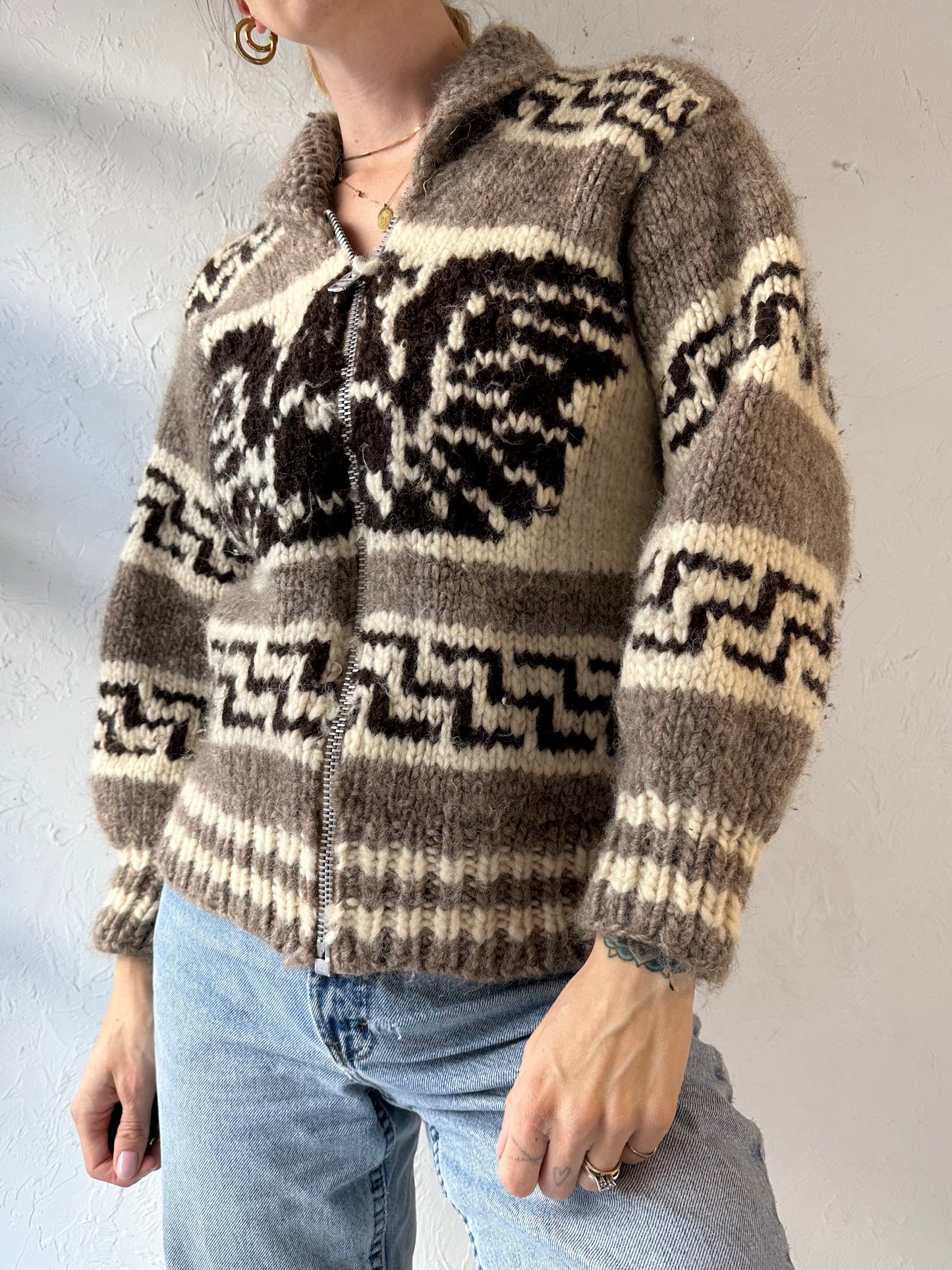 Vintage Hand Knit Zip Up Wool Eagle Sweater / Small