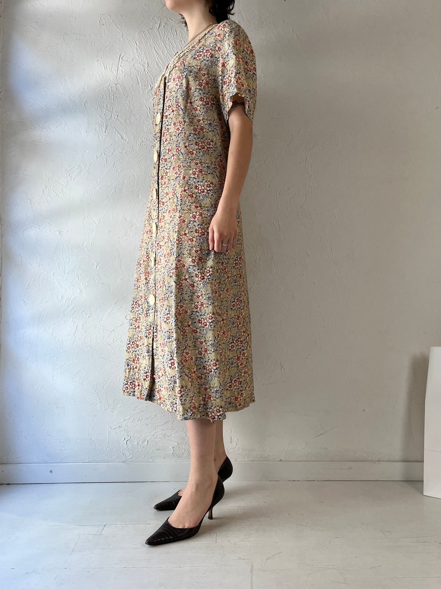 90s Beige Floral Print Rayon Dress / Large