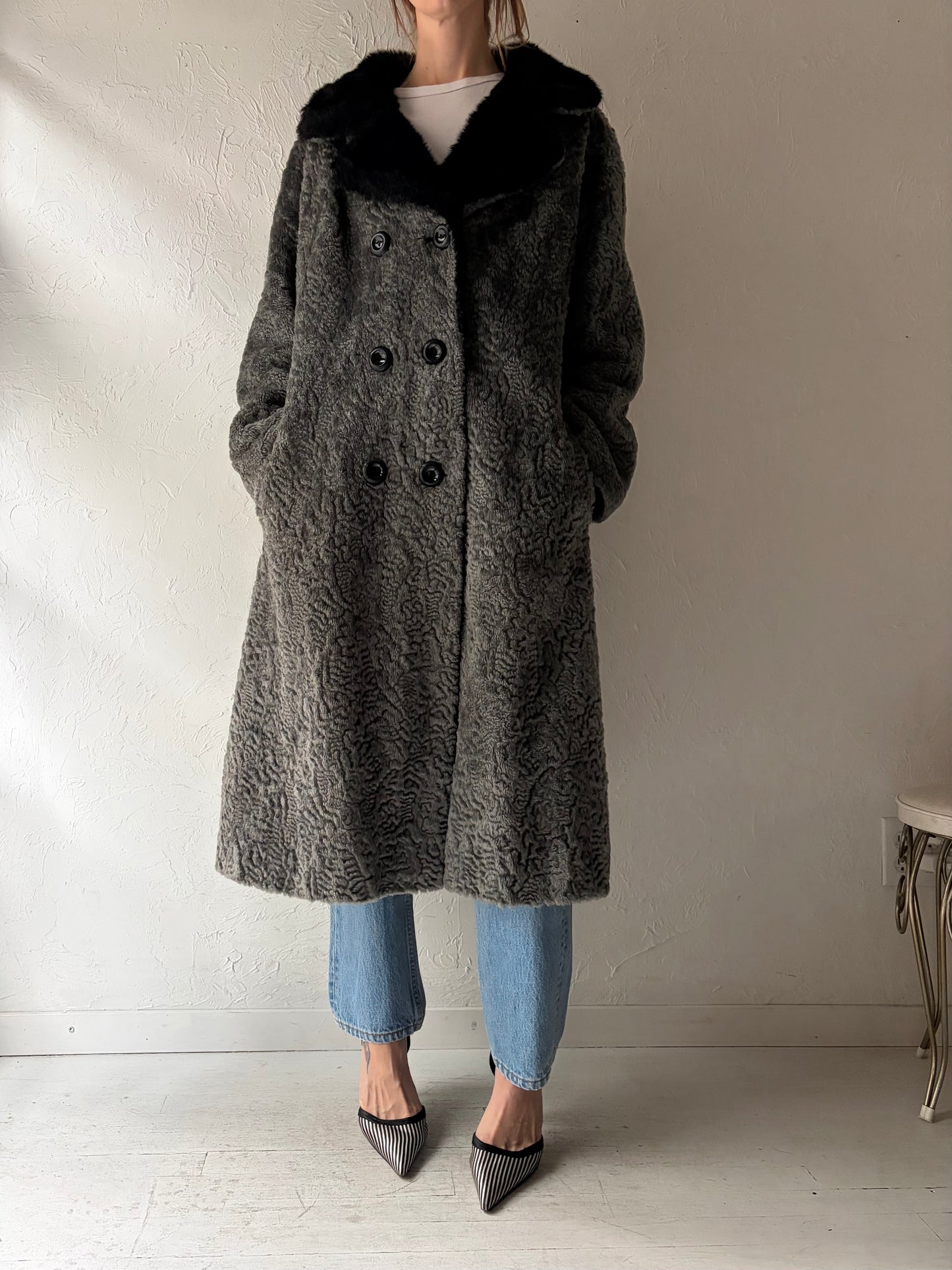 80s Grey Faux fur Coat / Large