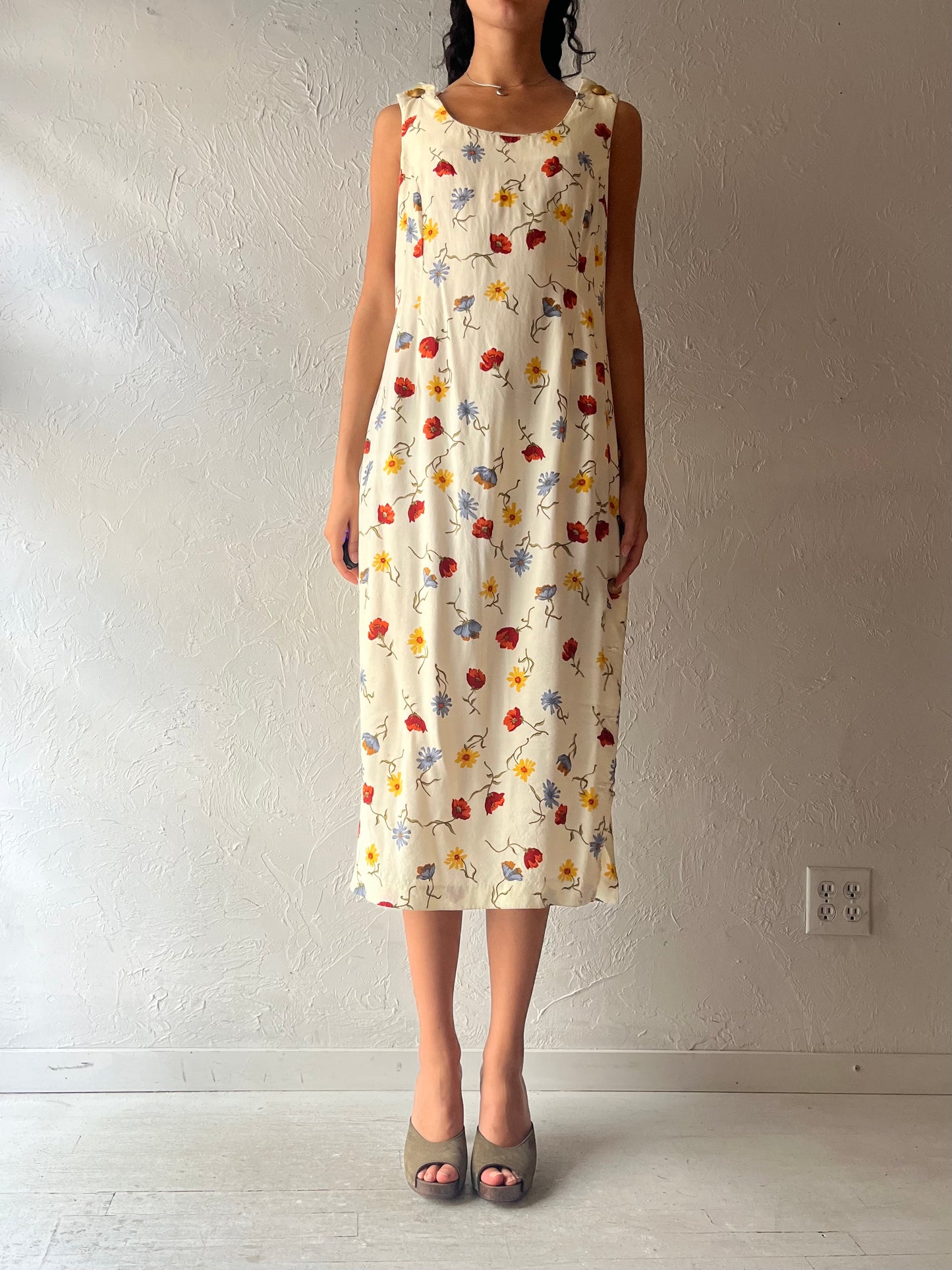 90s 'Willys New York' Pale Yellow Floral Midi Dress / Large