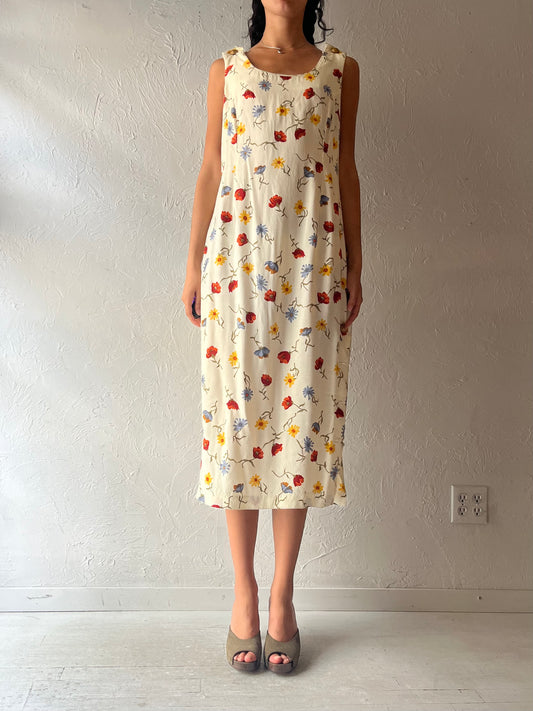 90s 'Willys New York' Pale Yellow Floral Midi Dress / Large