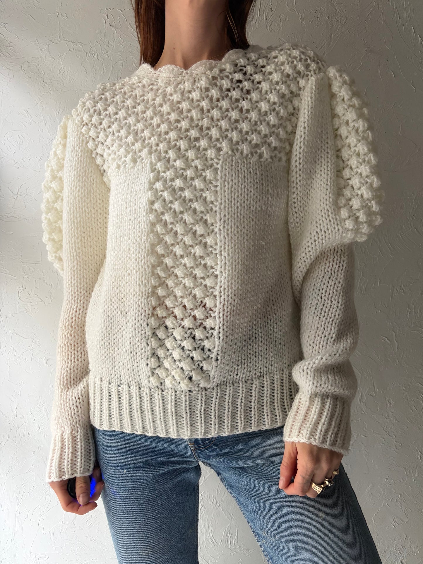90s 'JS' White Acrylic Retro Crew Neck Knit Sweater / Vintage 1990s Minimalist Winter Pullover / Large