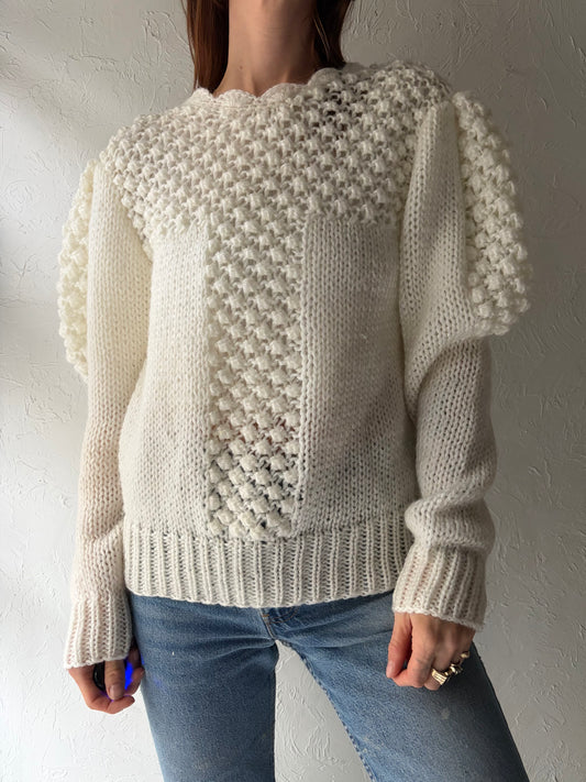 90s 'JS' White Acrylic Retro Crew Neck Knit Sweater / Vintage 1990s Minimalist Winter Pullover / Large