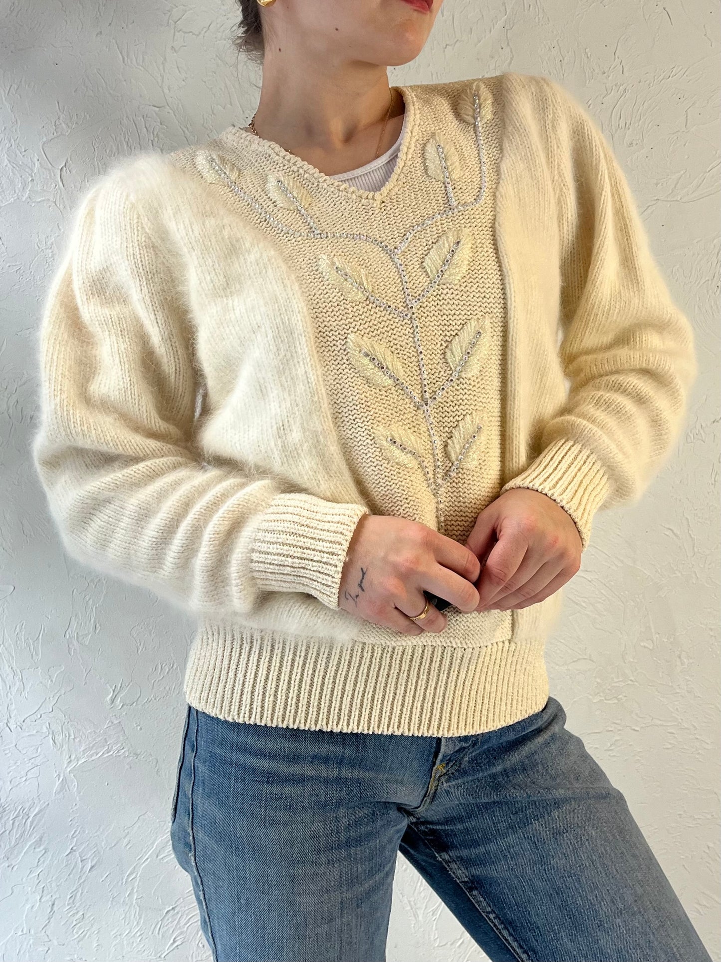 90s ‘Eugenia’ Cream Rhinestone Sweater / Medium