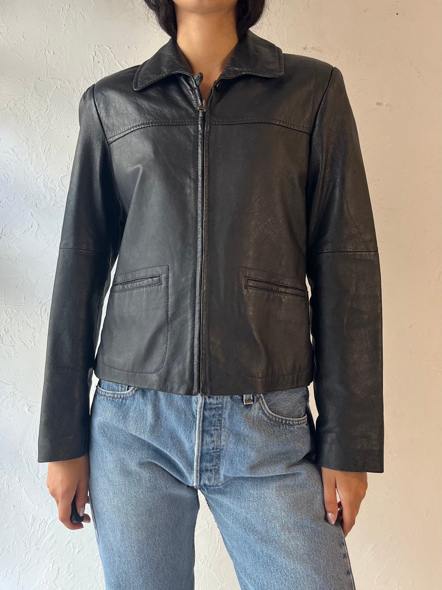 90s 'Metropolitan' Black Leather Jacket / Small