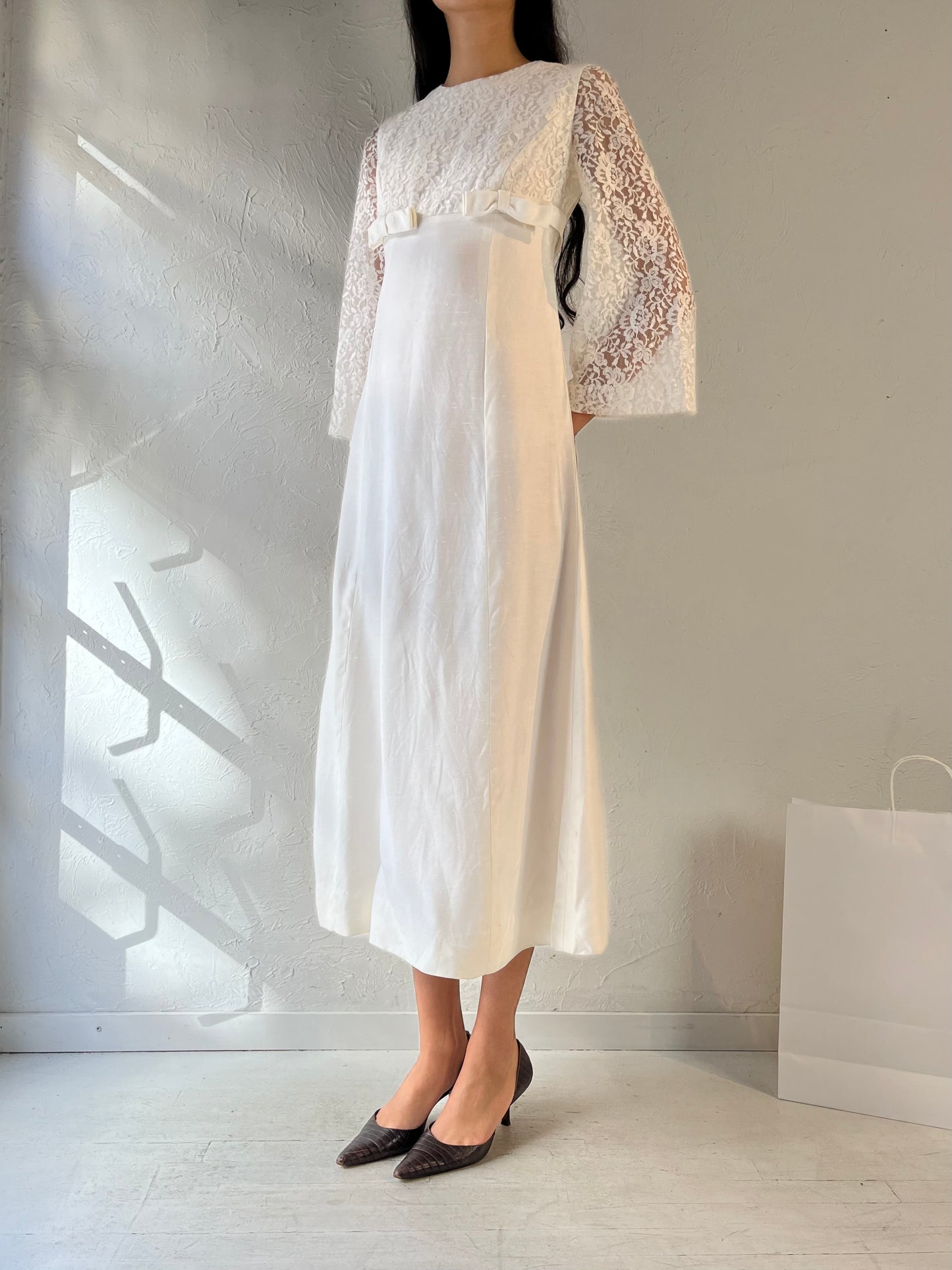 60s Handmade White Long Sleeve Lace Wedding Dress / Small