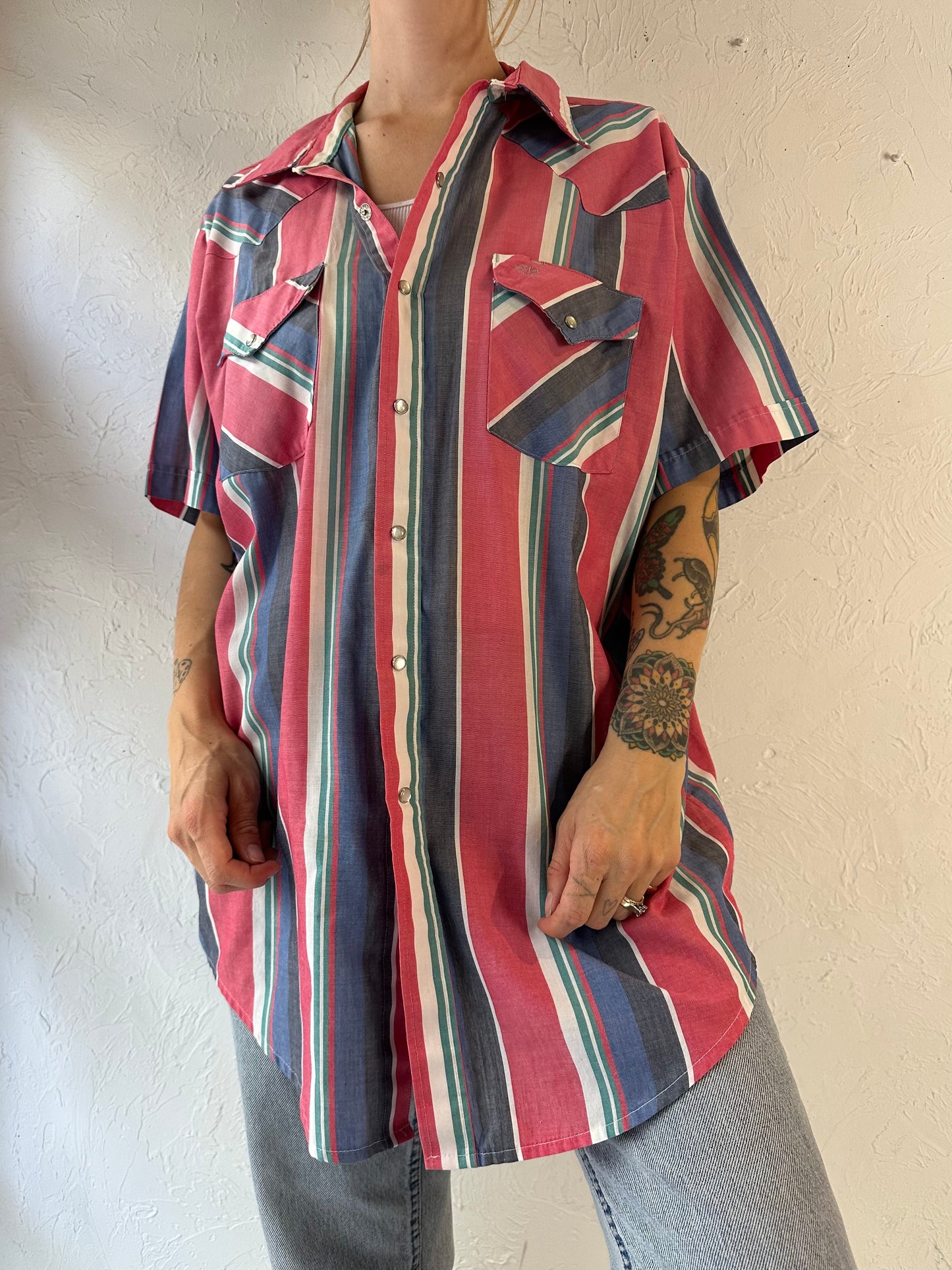 80s 90s 'MWG' Striped Short Sleeve Pearl Snap Shirt / Large