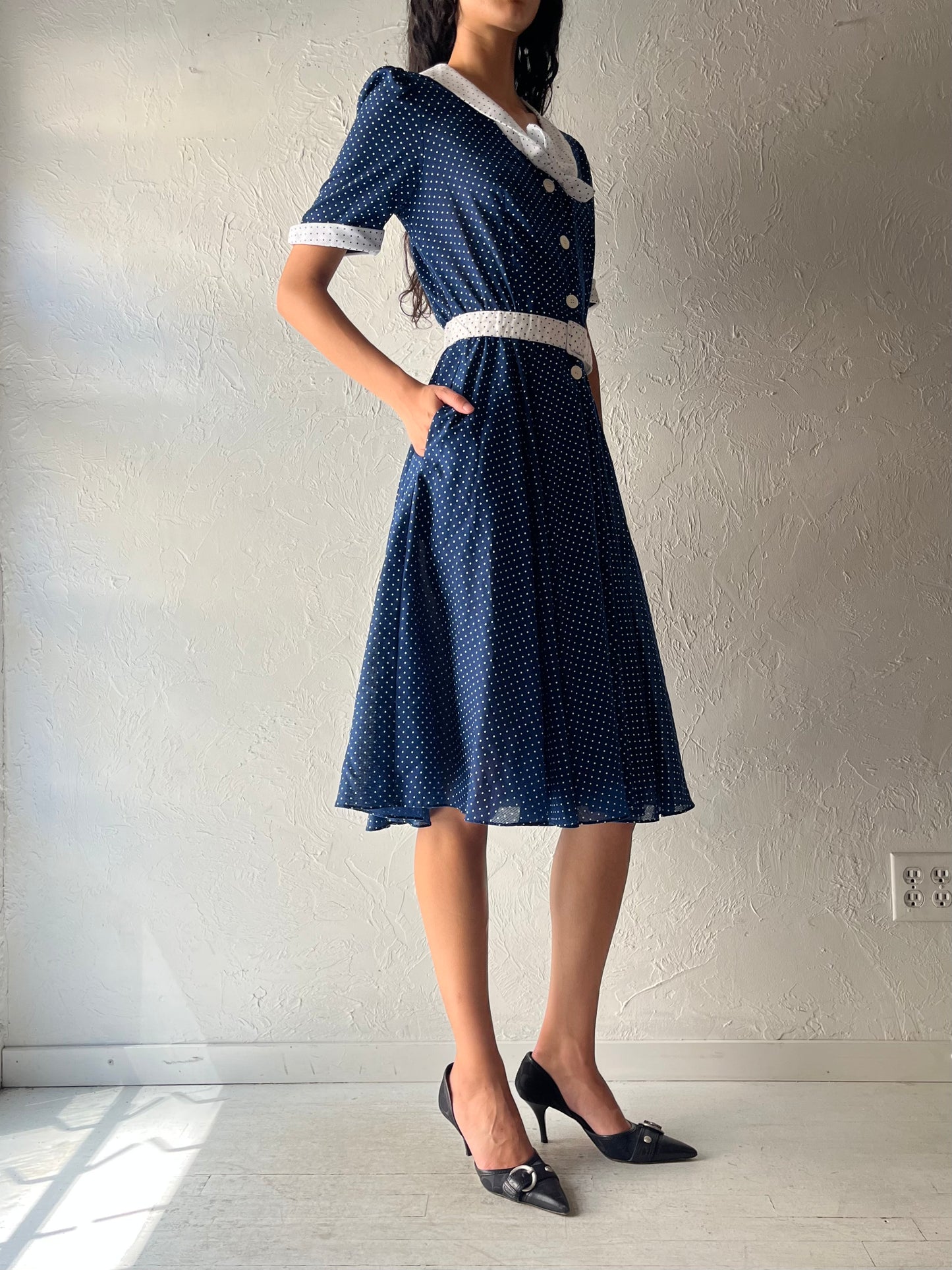 70s 'Nu Mode' Retro Blue Polka Dot Dress / Small