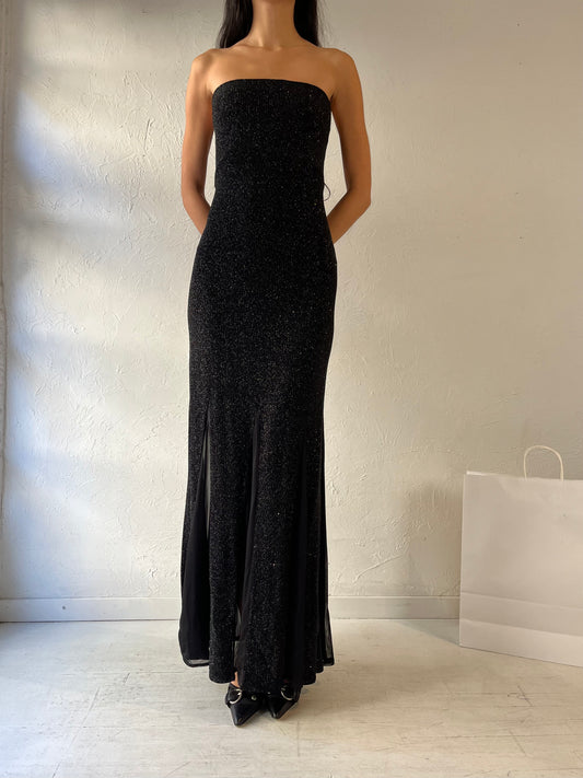 90s ‘Le Chateau’ Black Sparkly Strapless Formal Gown Dress / Small