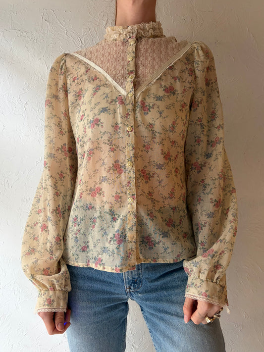 70s Cream Floral Peasant Top / Small