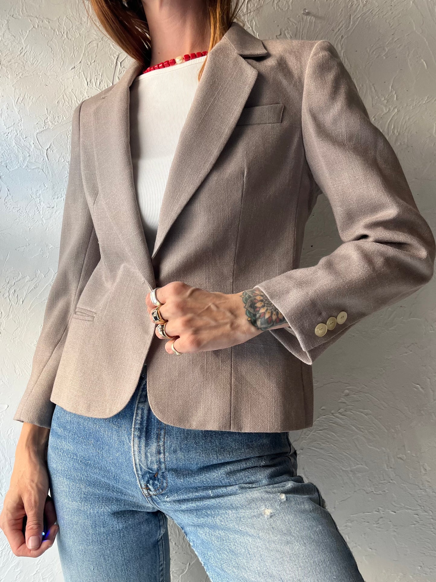 90s 'Saville' Taupe Knit Preppy Academia Minimalist Normcore Blazer Jacket / Small