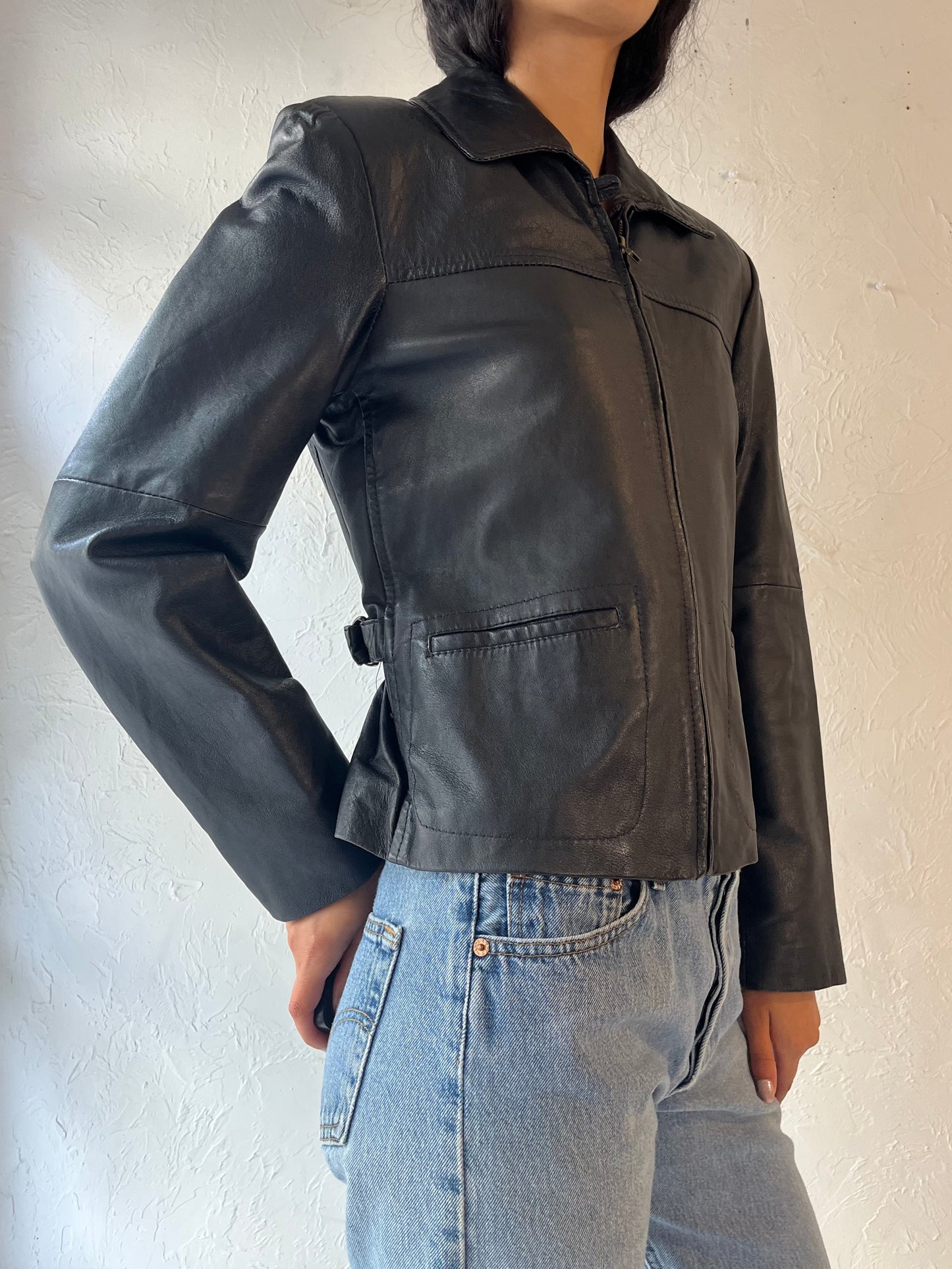 90s 'Metropolitan' Black Leather Jacket / Small