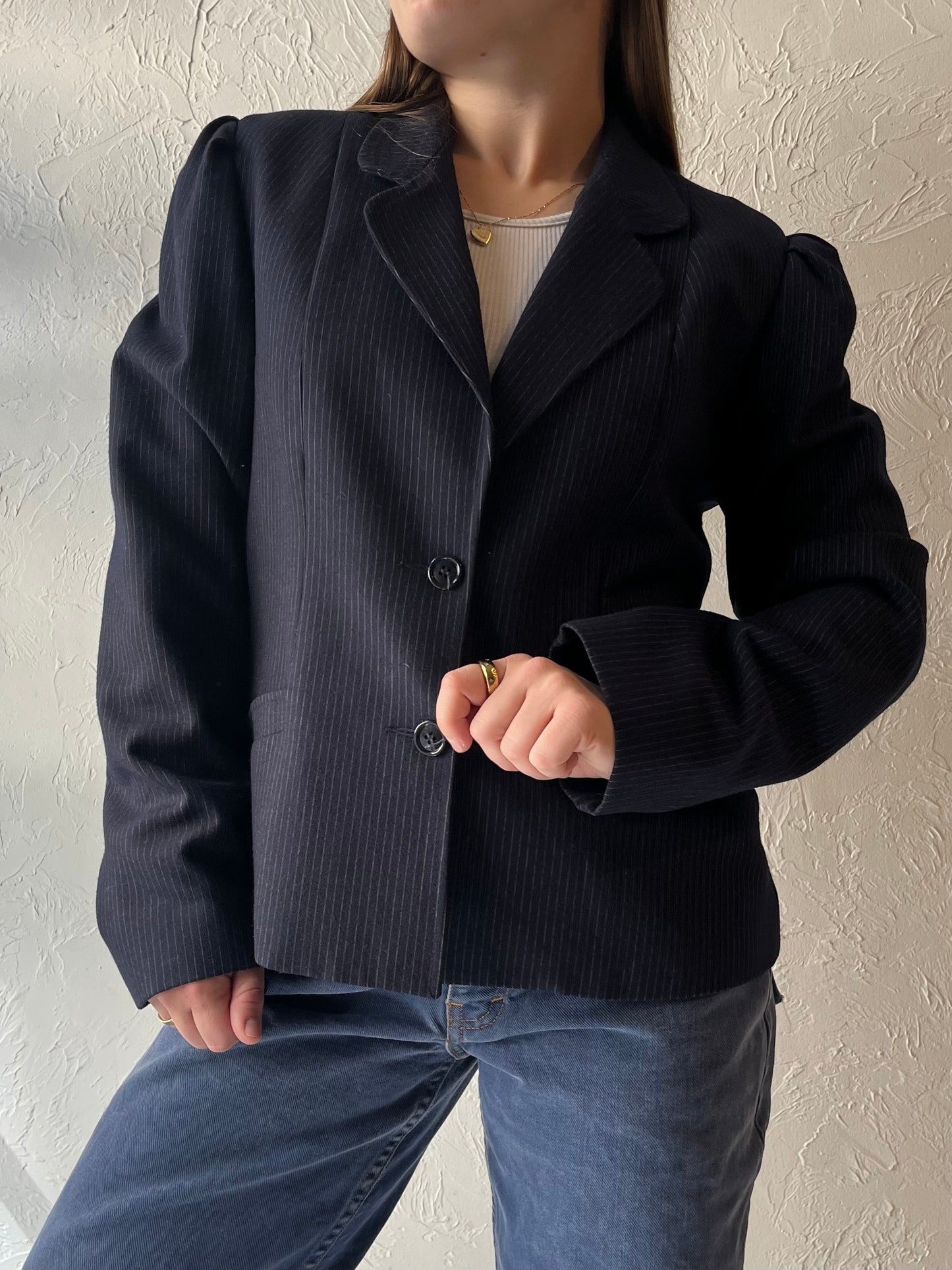 70s 'Sears' Navy Blue Pinstripe Wool Blazer Jacket / Union Made / Medium