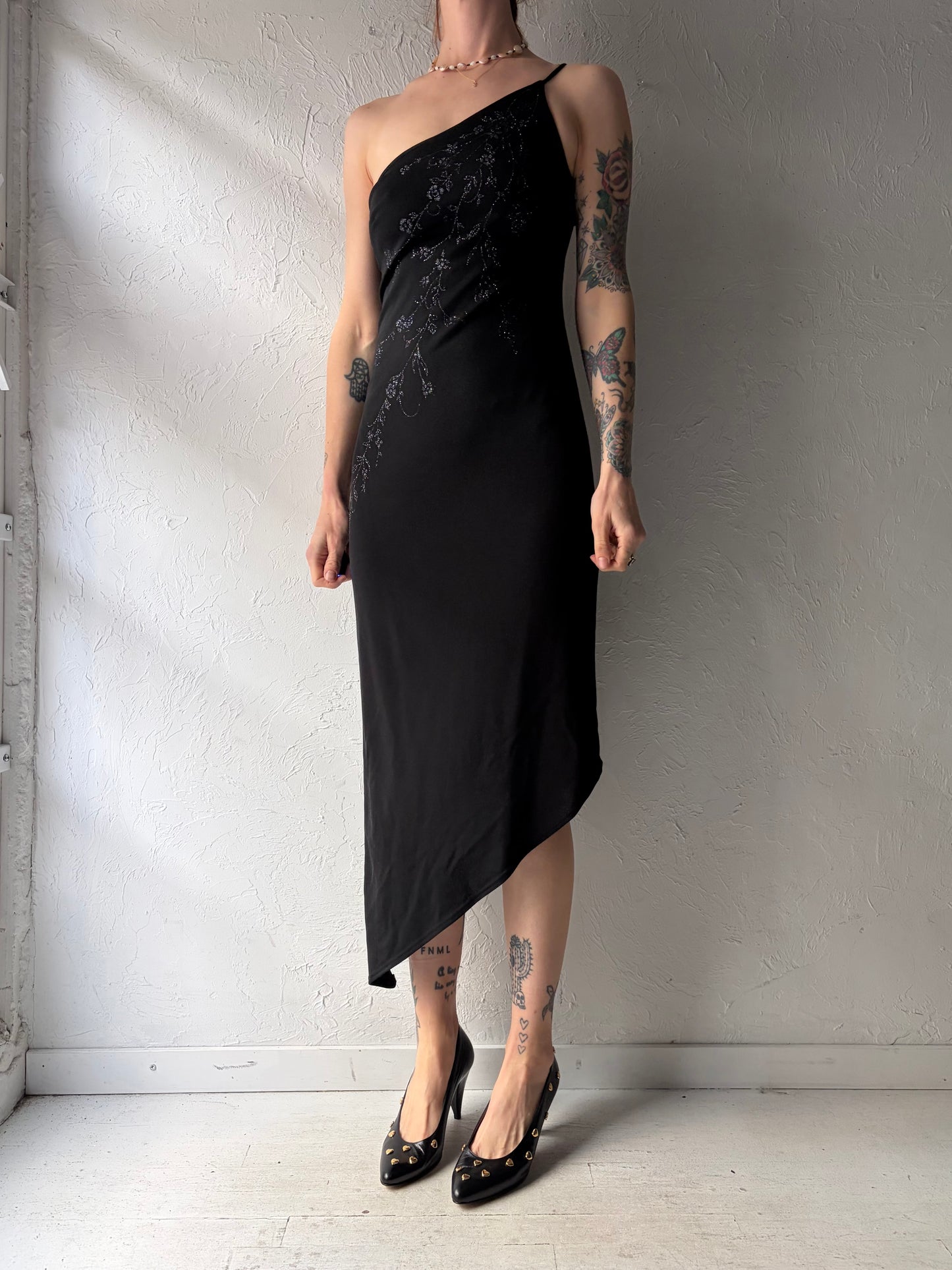 90s 'Rampage' Black One Shoulder Sparkly Assymetrical Formal Dress / Small