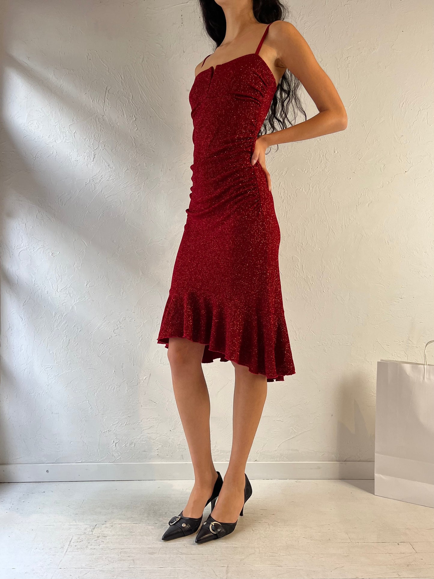 90s ‘Le Chateau’ Red Sparkly Evening Dress / Small - Medium