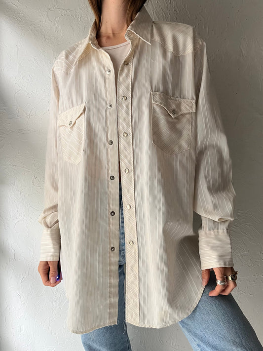 70s 'Wrangler' Perm Press Cream Striped Western Pearl Snap Shirt / Large