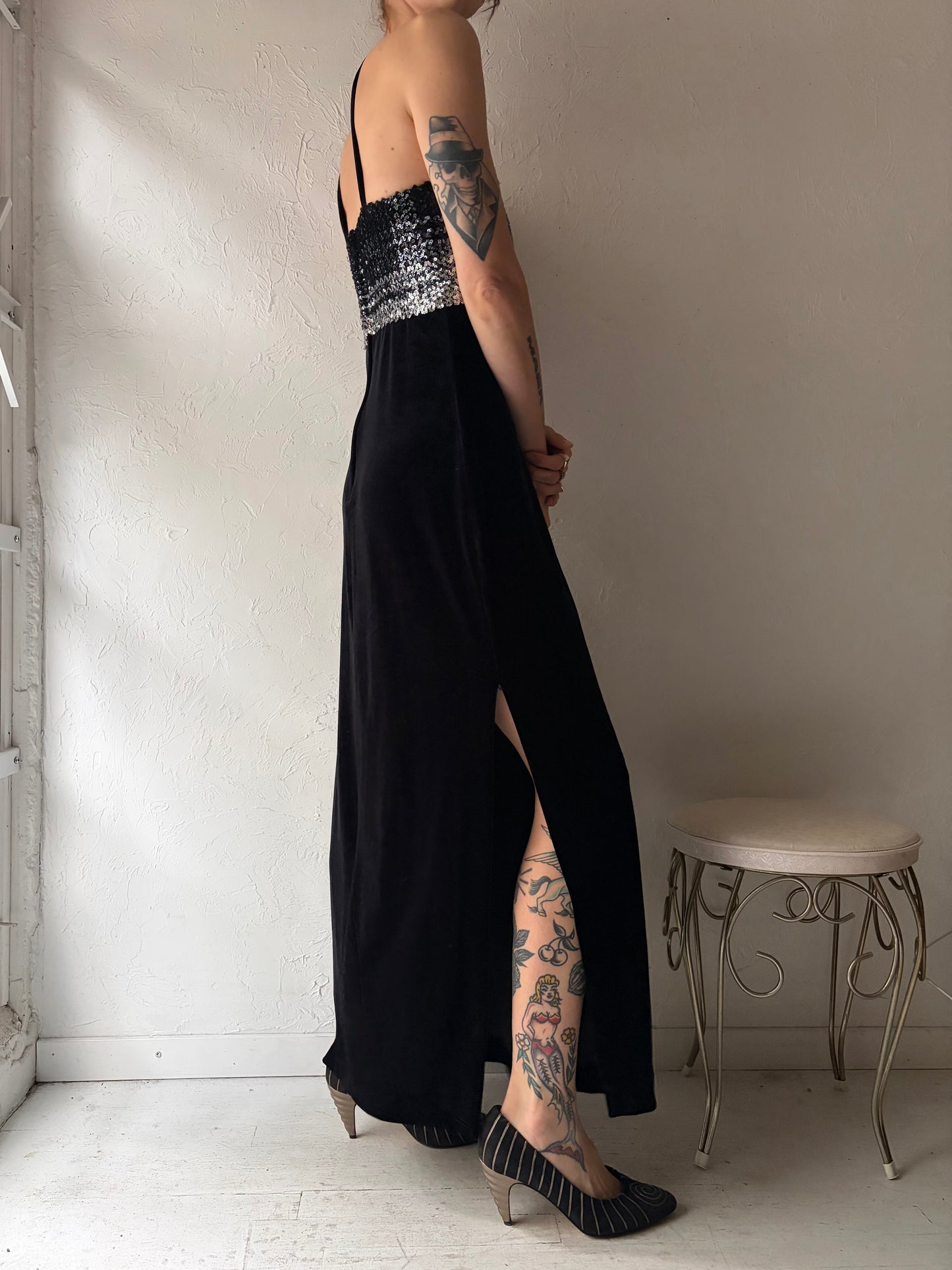 90s 'Lori Ann' Black Sequin Velvet Formal Dress / Small - Medium