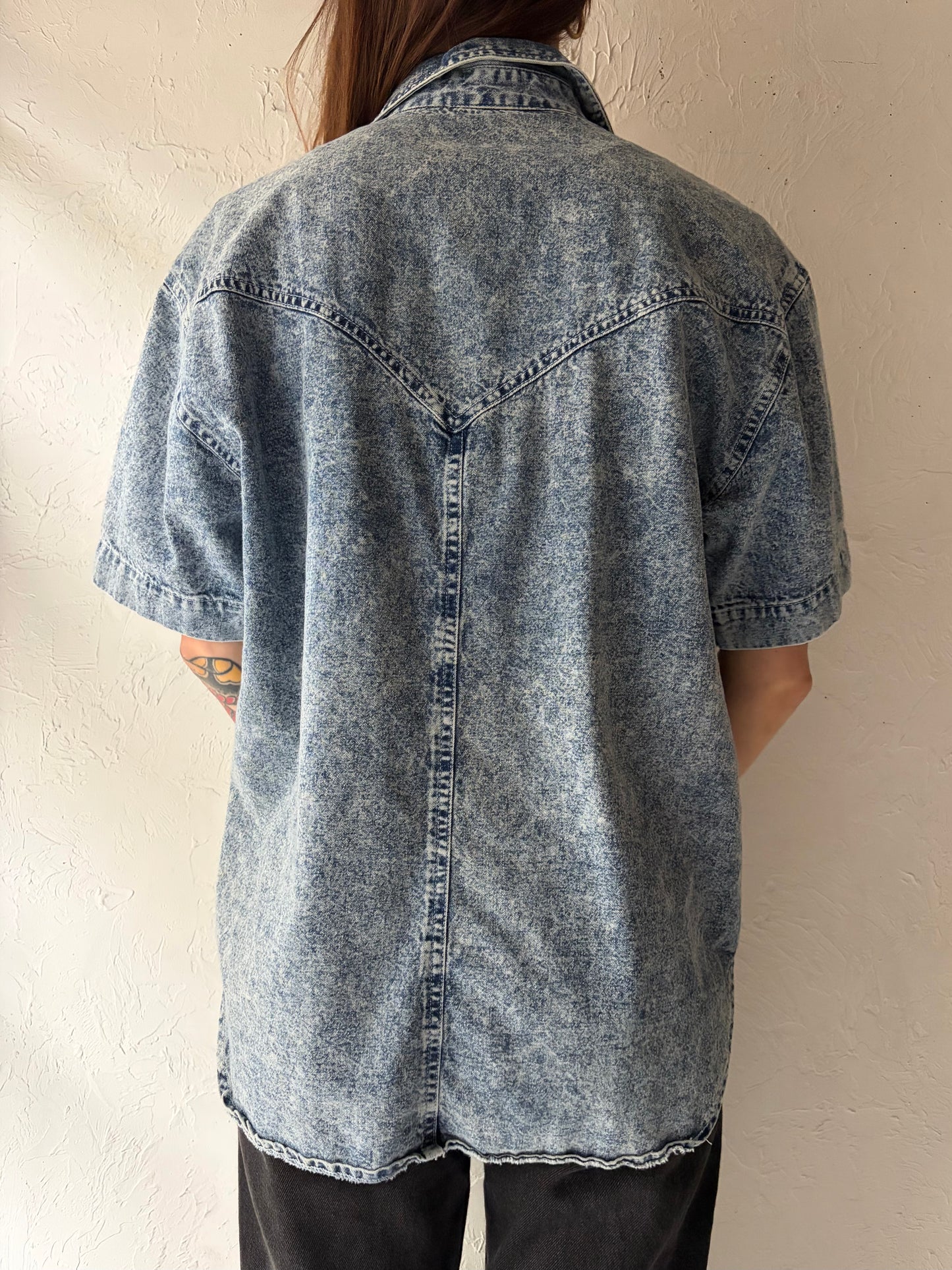 Vintage Retro Acid Wash Denim Short Sleeve Shirt / Medium