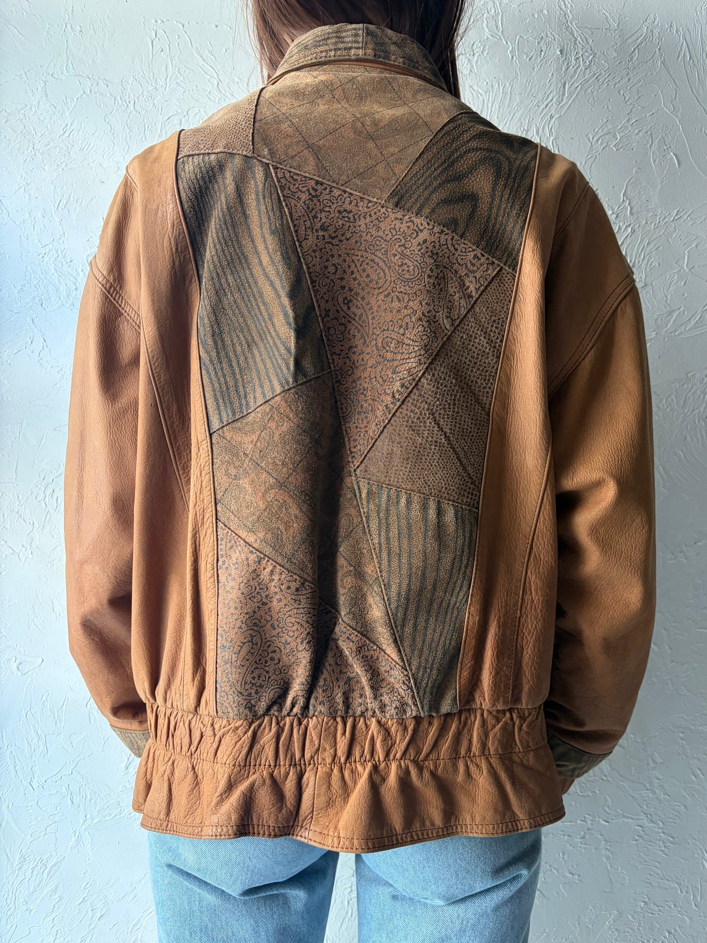 90s 'Paris Sports Club' Tan Suede Leather Retro Bomber Jacket / Medium