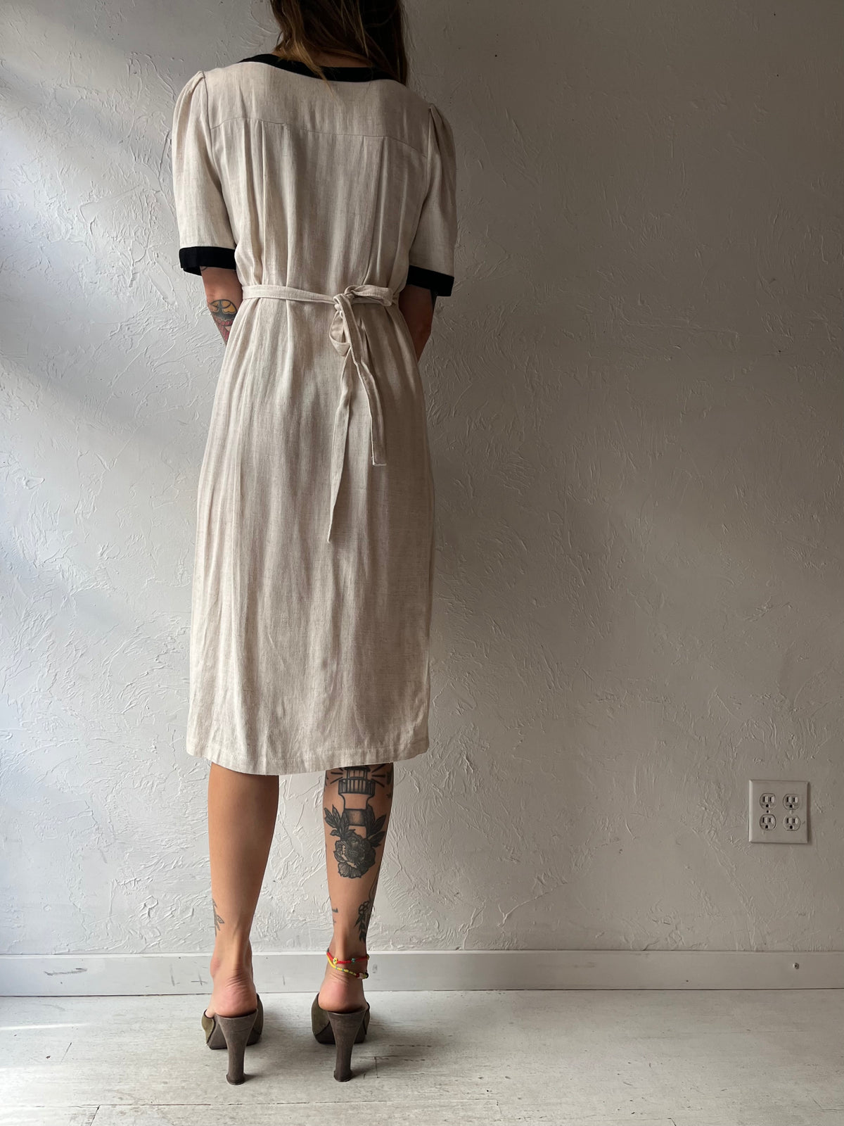 Vintage Cream Romantic Cottagecore Minimalist Button Up Midi Shirt Dress / Small