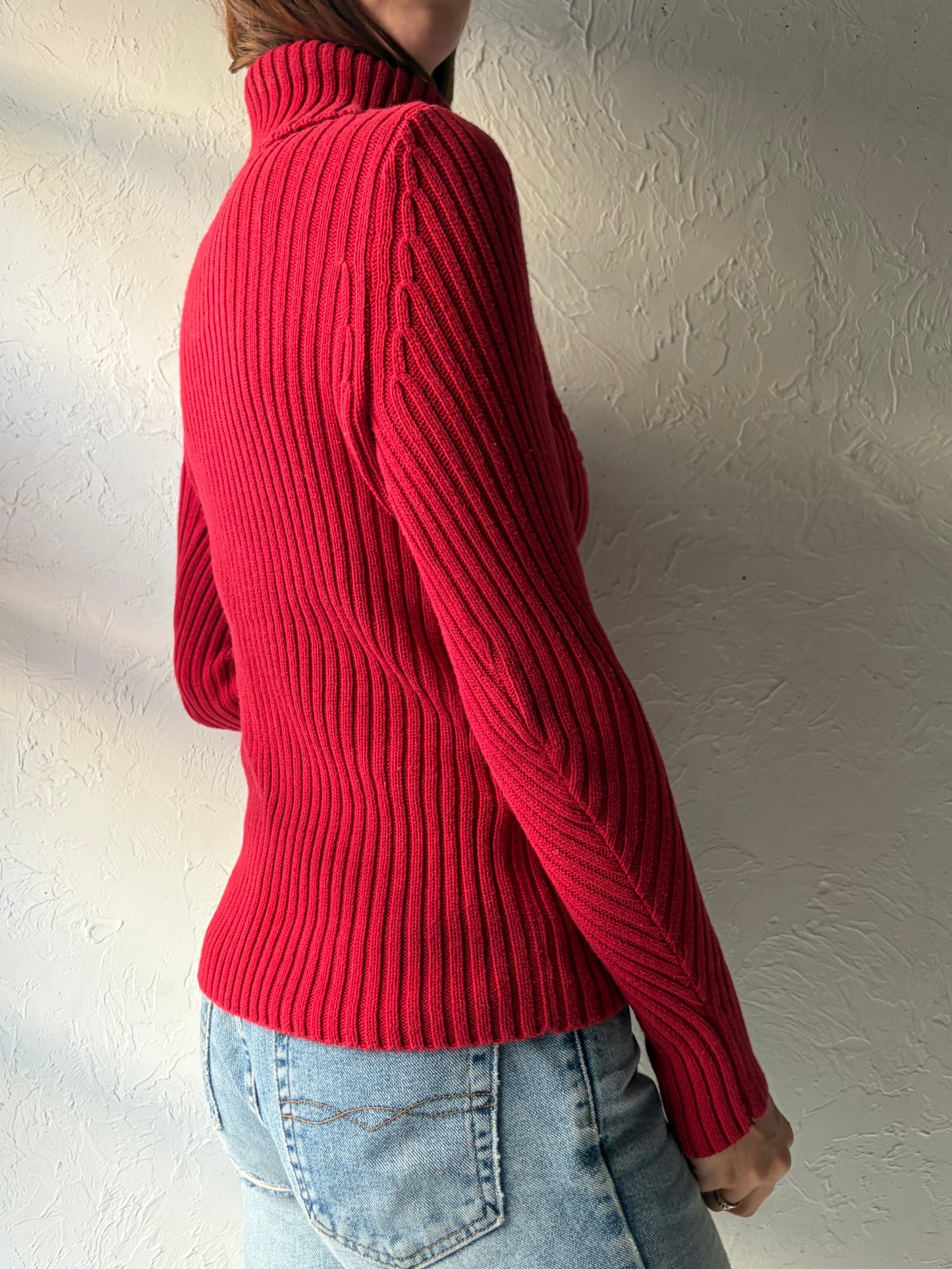 Y2k 'DKNY' Red Cotton Knit Trutle Neck Rhinestone Sweater / Small
