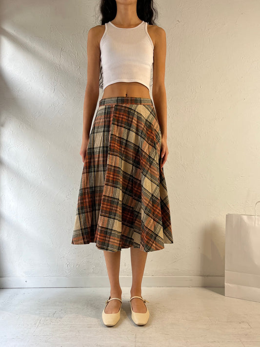 Vintage Plaid Wool Knit Midi Skirt / Medium