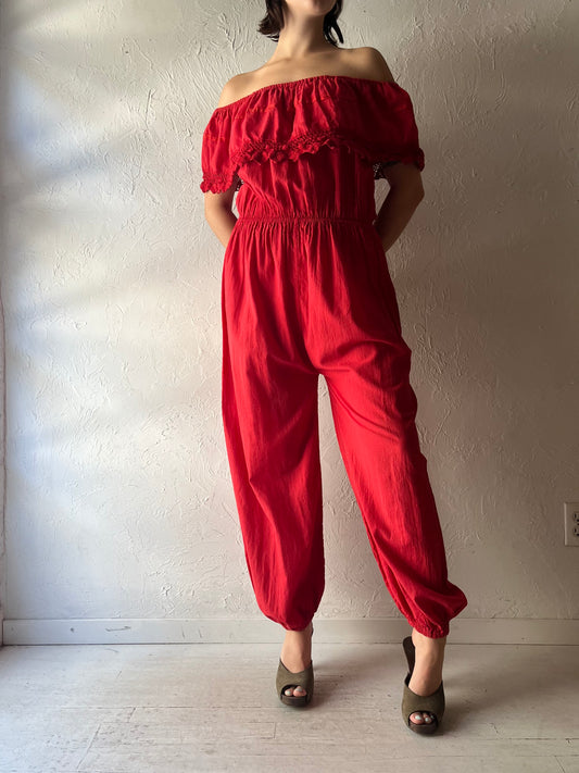 Vintage Romantic Red Boho Fairycore Summer Jumpsuit / Medium
