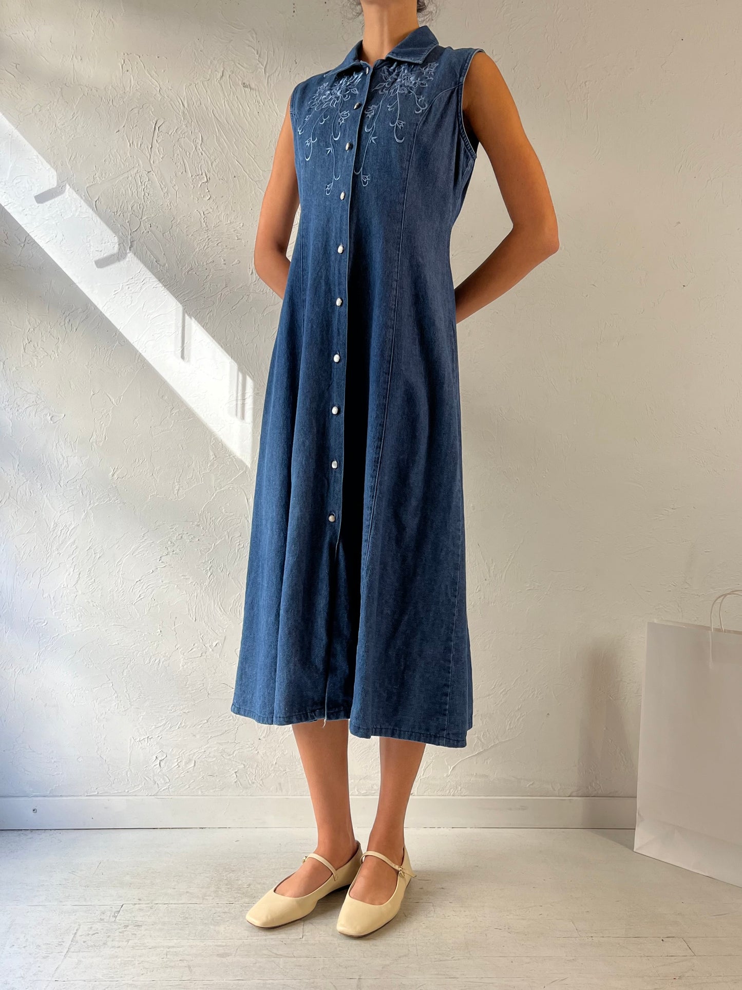 Y2K ‘Jessica’ Embroidered Collared Denim Maxi Dress / Medium