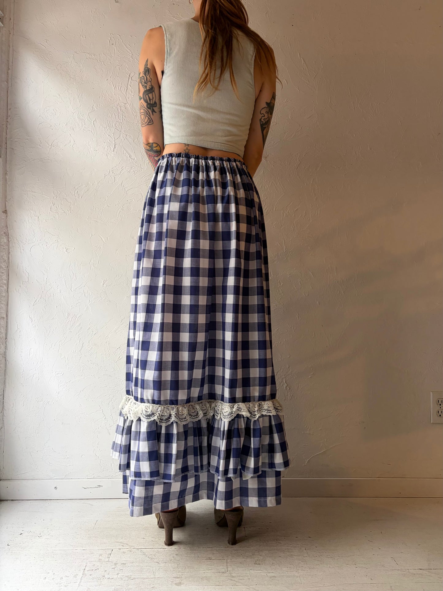 70s Handmade Blue Gingham Cottage Core Maxi Skirt / Small