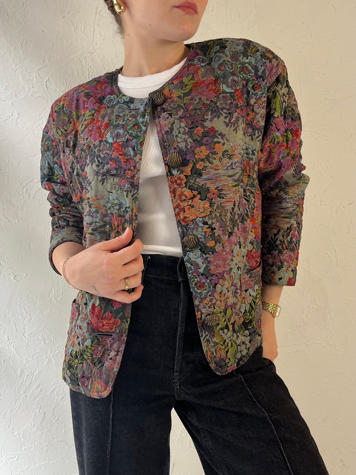 90s 'Carol Little' Quilted Floral Print Rayon Jacket / Medium