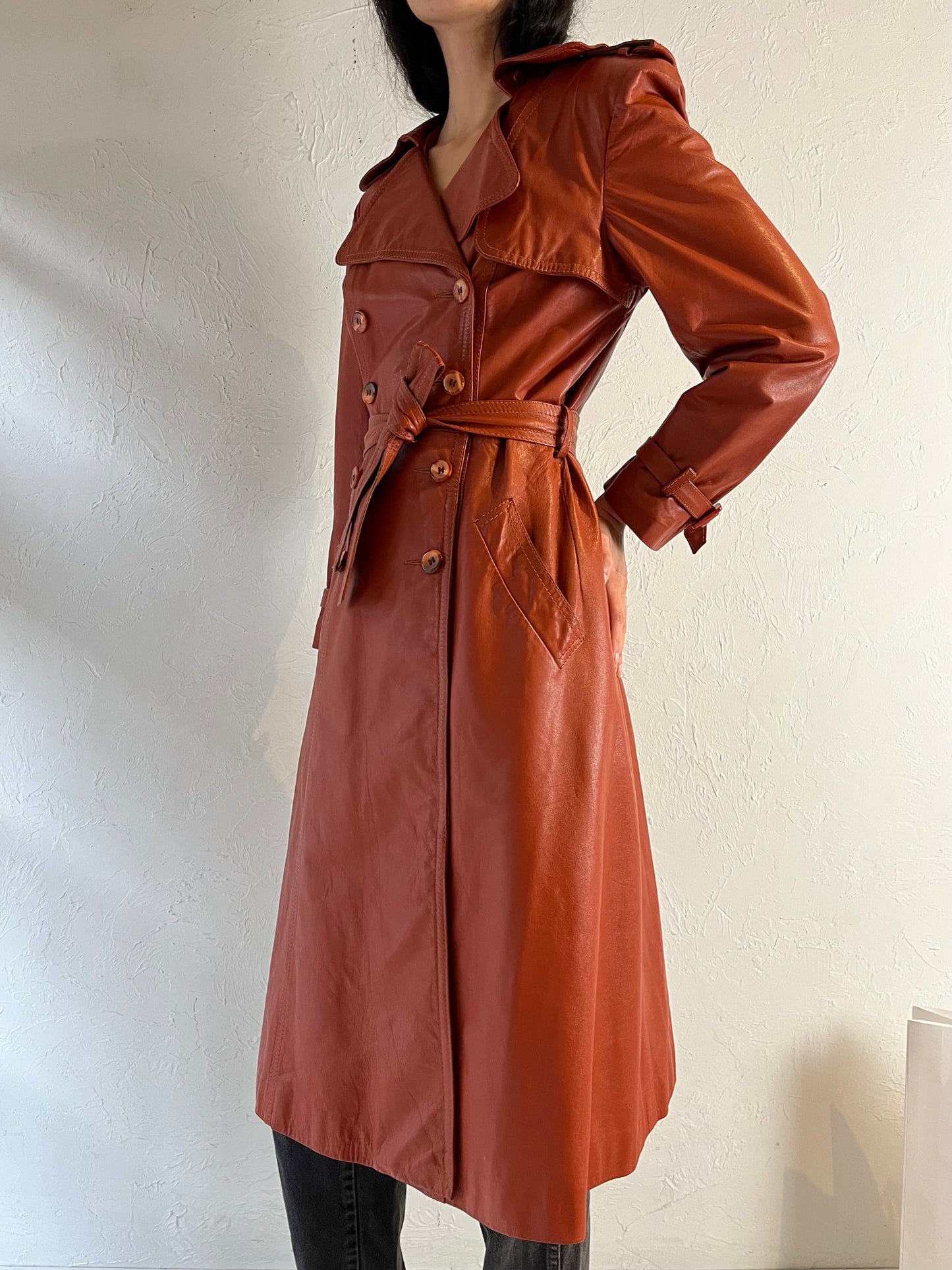 70s ‘Learsi’ Orange Leather Trench Coat / Small