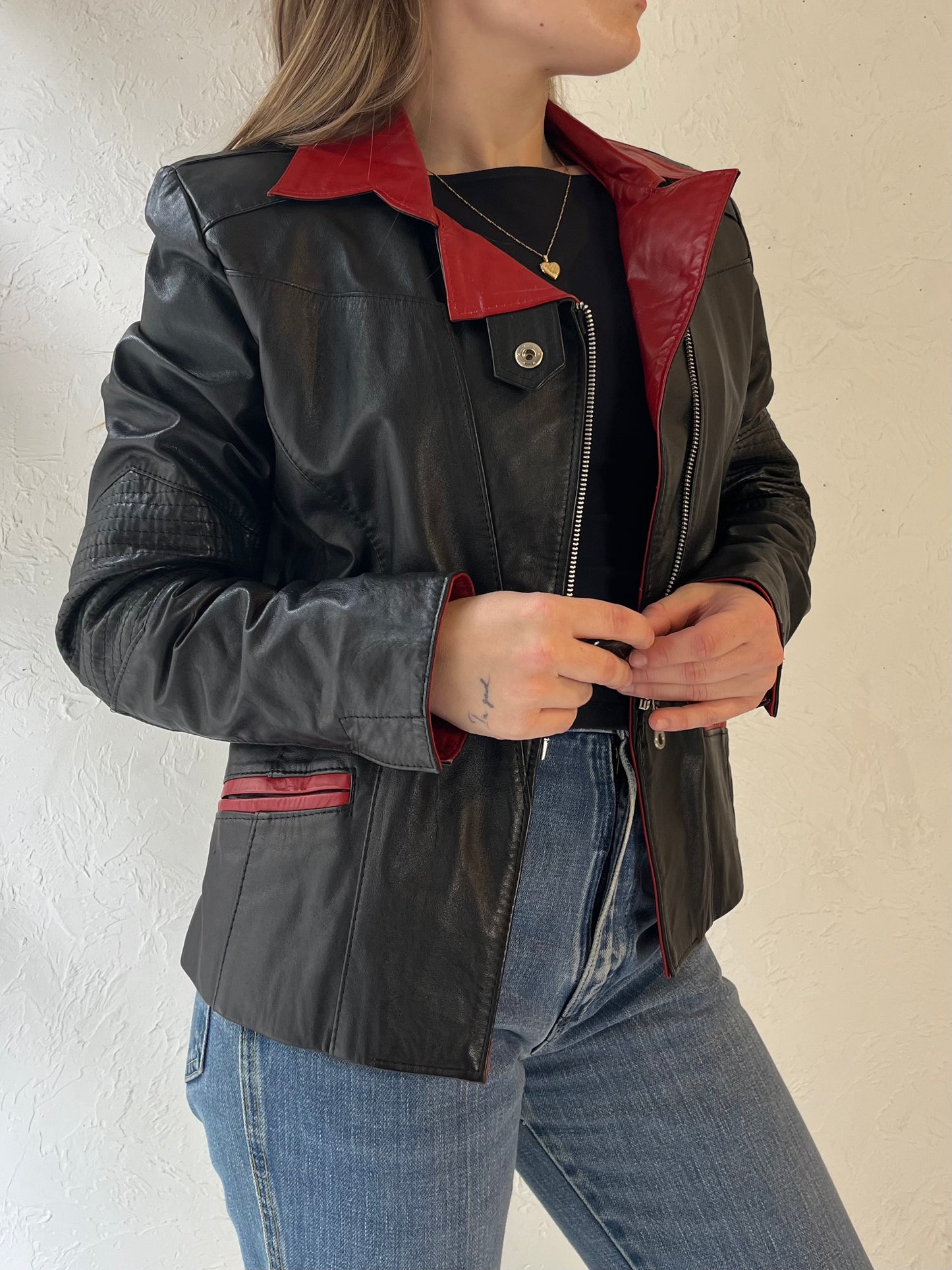 Y2k 'Kondratzky' Black and Red Leather Moto Jacket / Medium