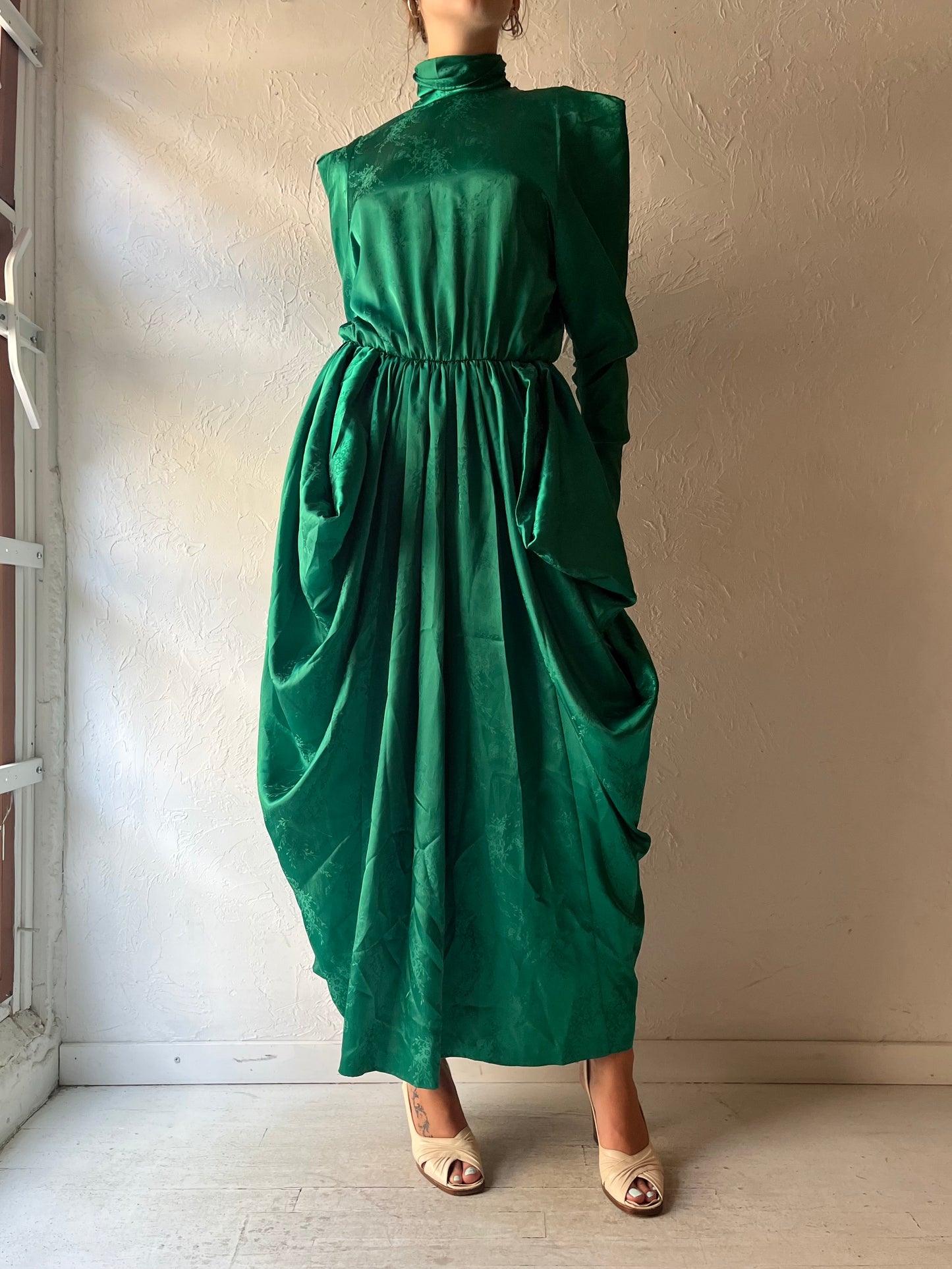 80s Emerald Green Retro Floral Embossed Maxi Formal Party Dress / Small