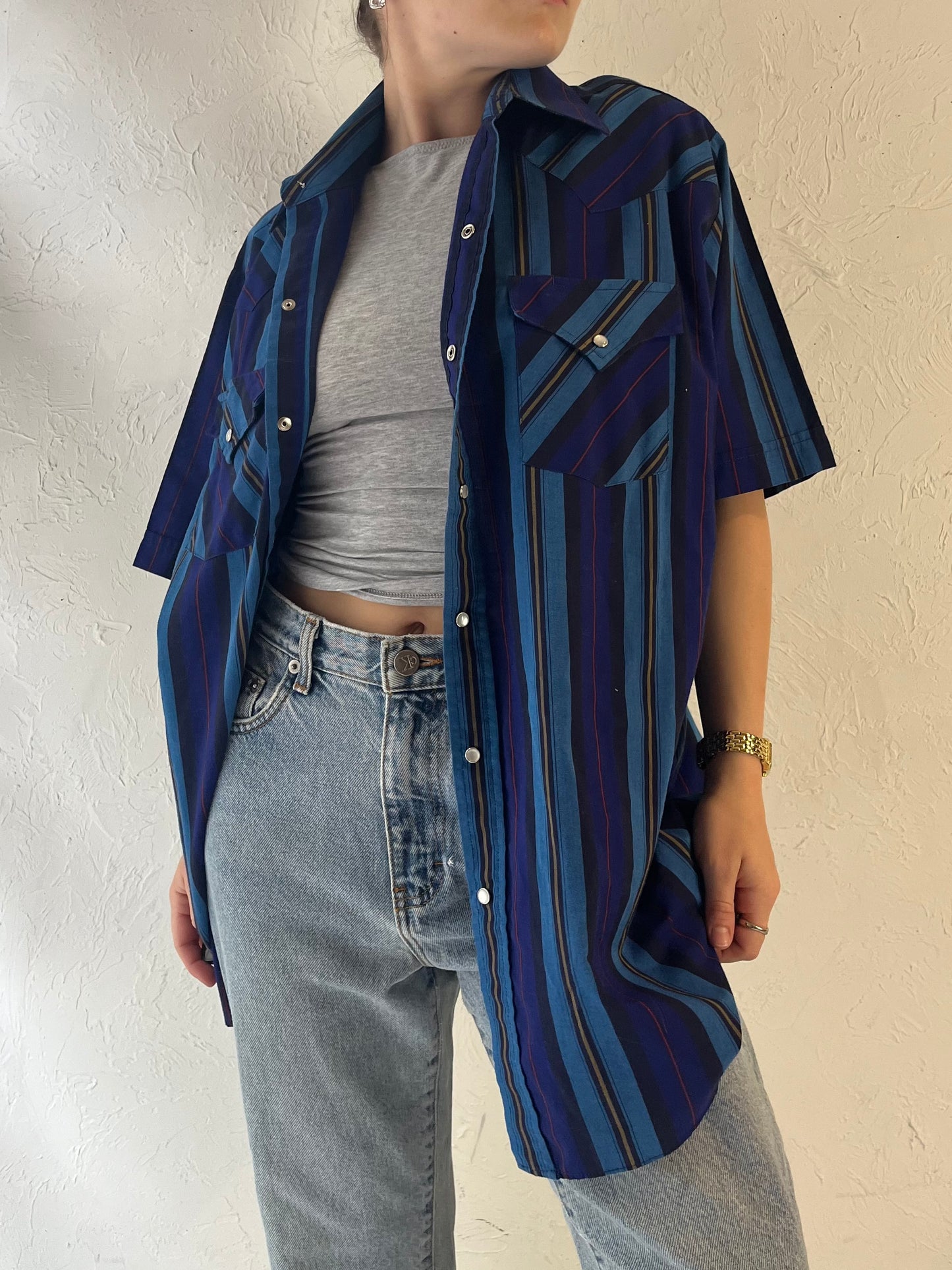 Y2k 'Ely' Blue Striped Pearl Snap Western Shirt / Large